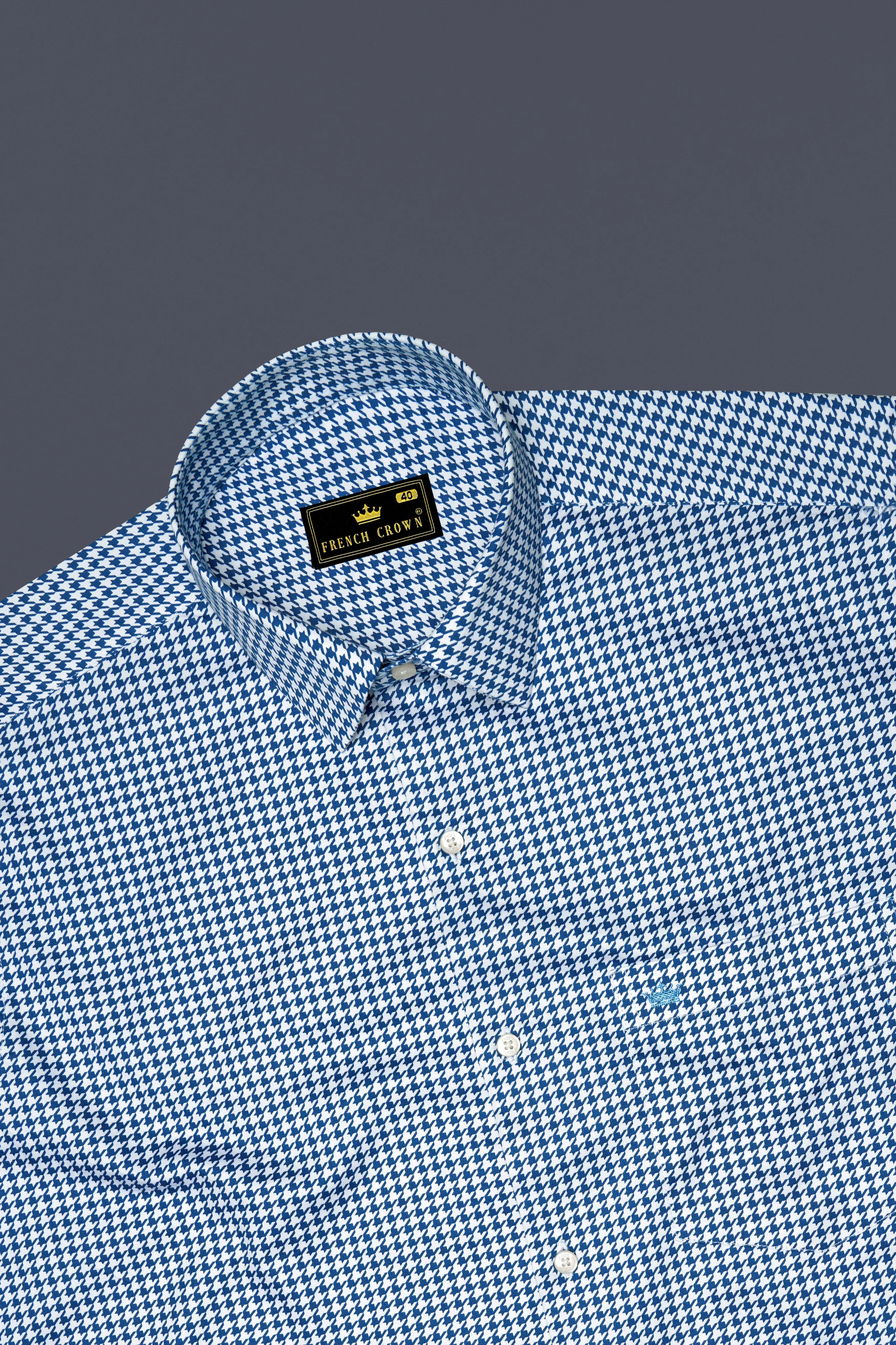 Creston-Lapis Blue And Bright White Houndstooth Printed Subtle Sheen Super Soft Premium Cotton Dress Shirt sold by French Crown product image thumbnail 5