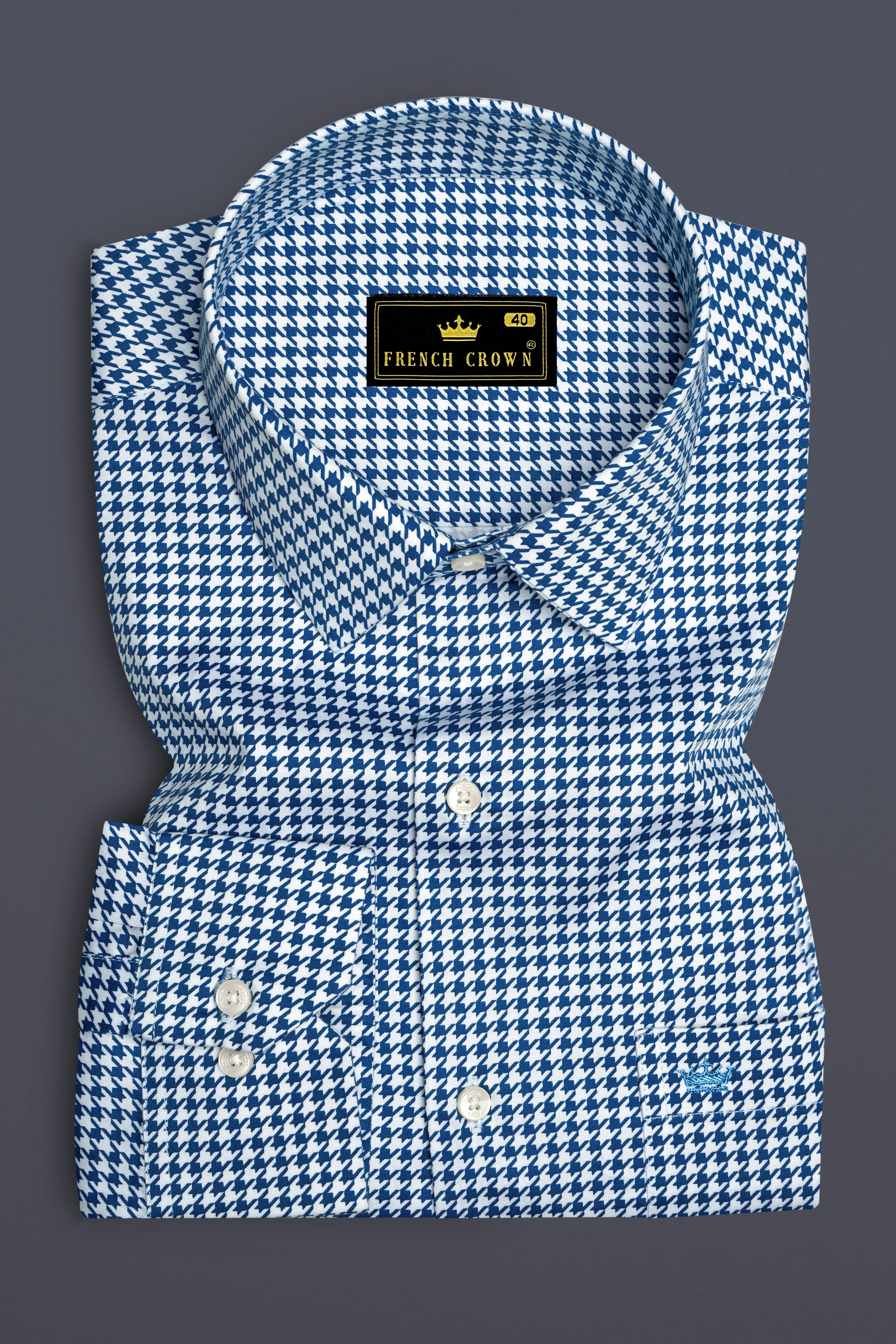 Creston-Lapis Blue And Bright White Houndstooth Printed Subtle Sheen Super Soft Premium Cotton Dress Shirt sold by French Crown product image thumbnail 4