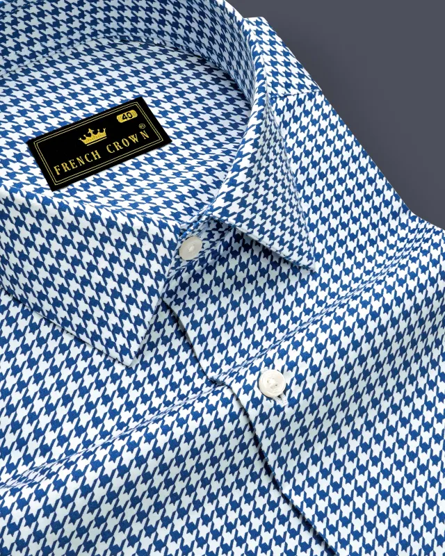 Creston-Lapis Blue And Bright White Houndstooth Printed Subtle Sheen Super Soft Premium Cotton Dress Shirt sold by French Crown