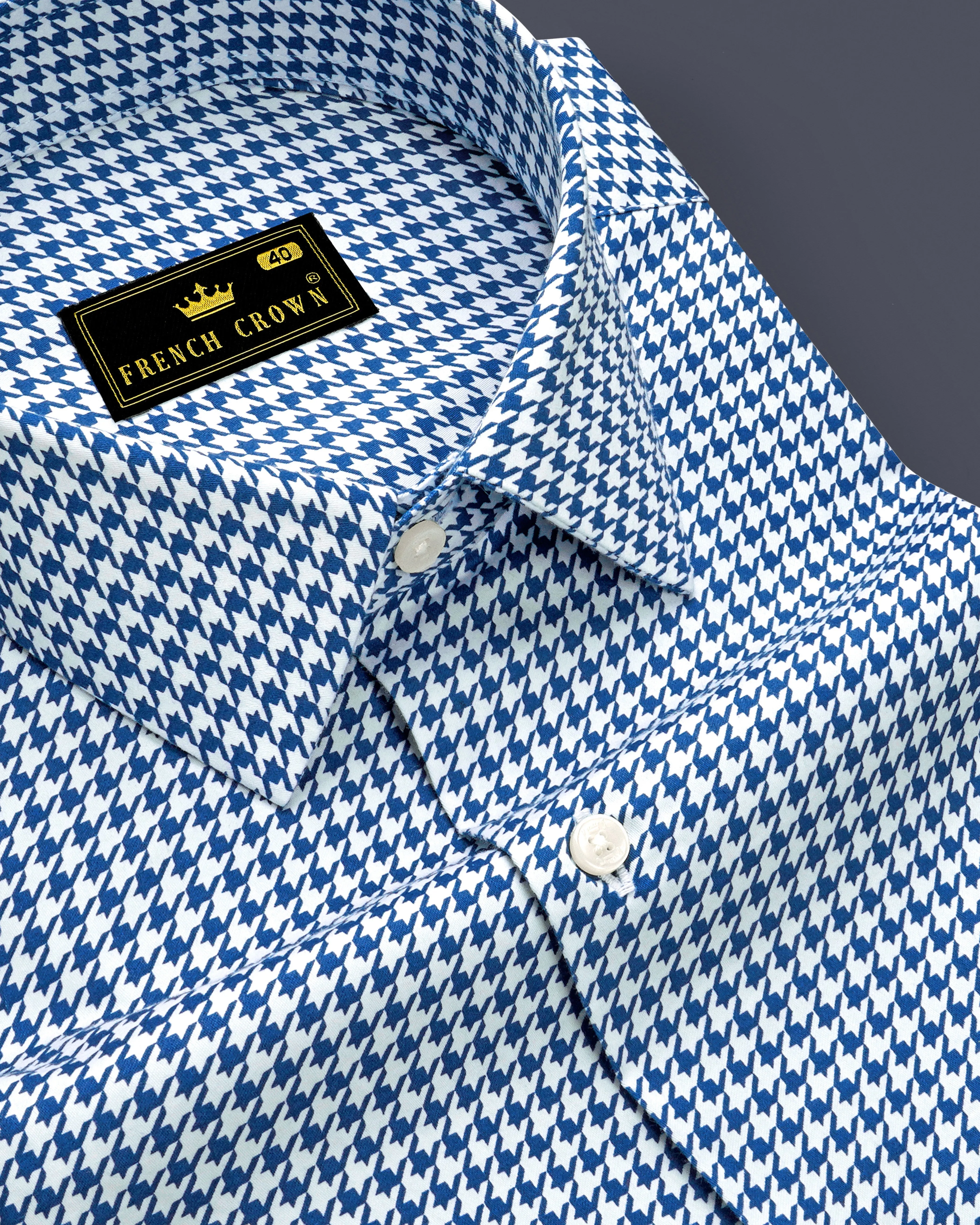 Creston-Lapis Blue And Bright White Houndstooth Printed Subtle Sheen Super Soft Premium Cotton Dress Shirt sold by French Crown