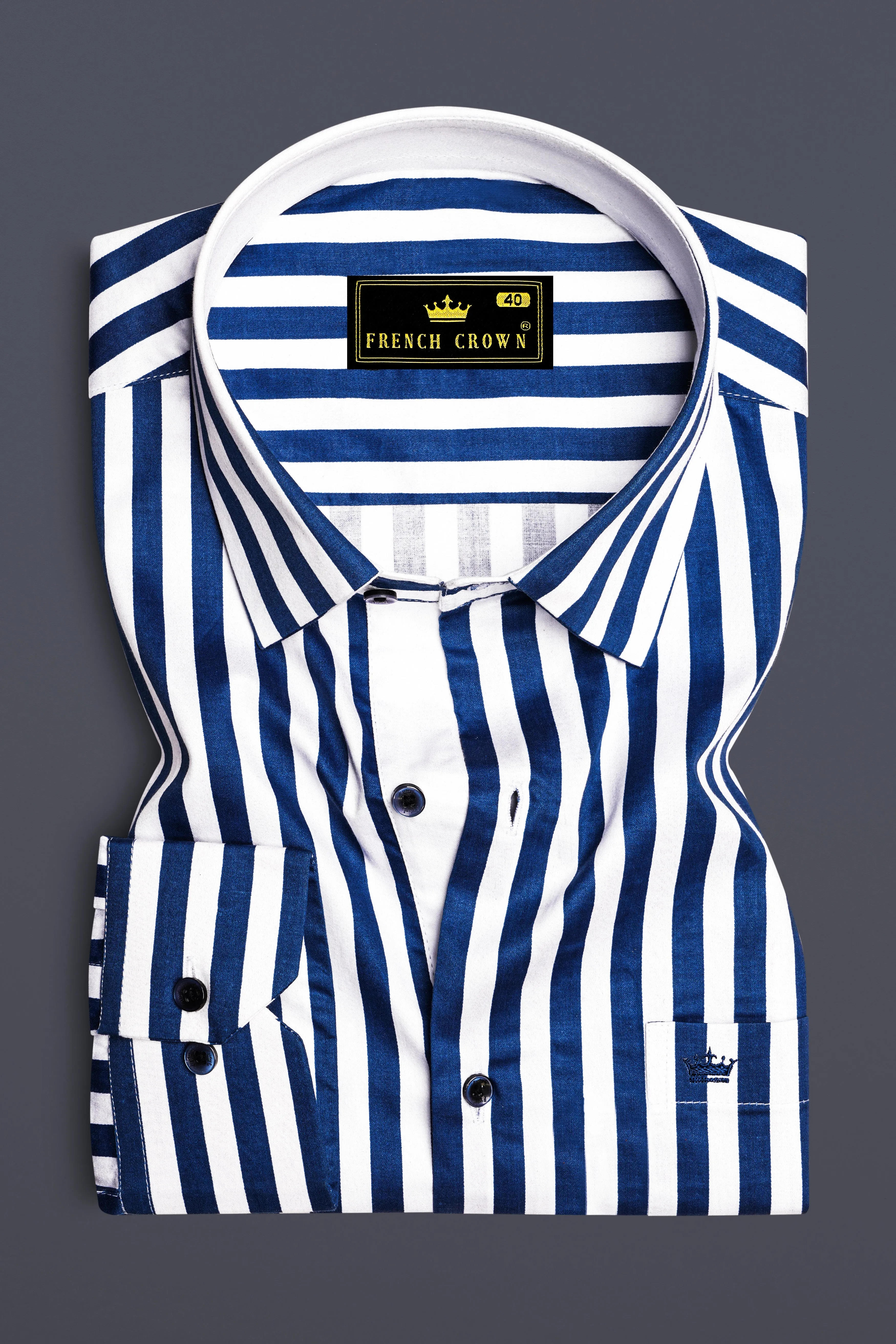 Tailiq-Regal Blue and Bright White Striped Super Soft Premium Cotton Dress Shirt sold by French Crown product image thumbnail 4