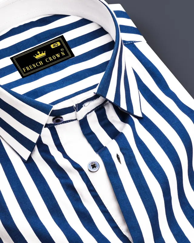 Tailiq-Regal Blue and Bright White Striped Super Soft Premium Cotton Dress Shirt sold by French Crown