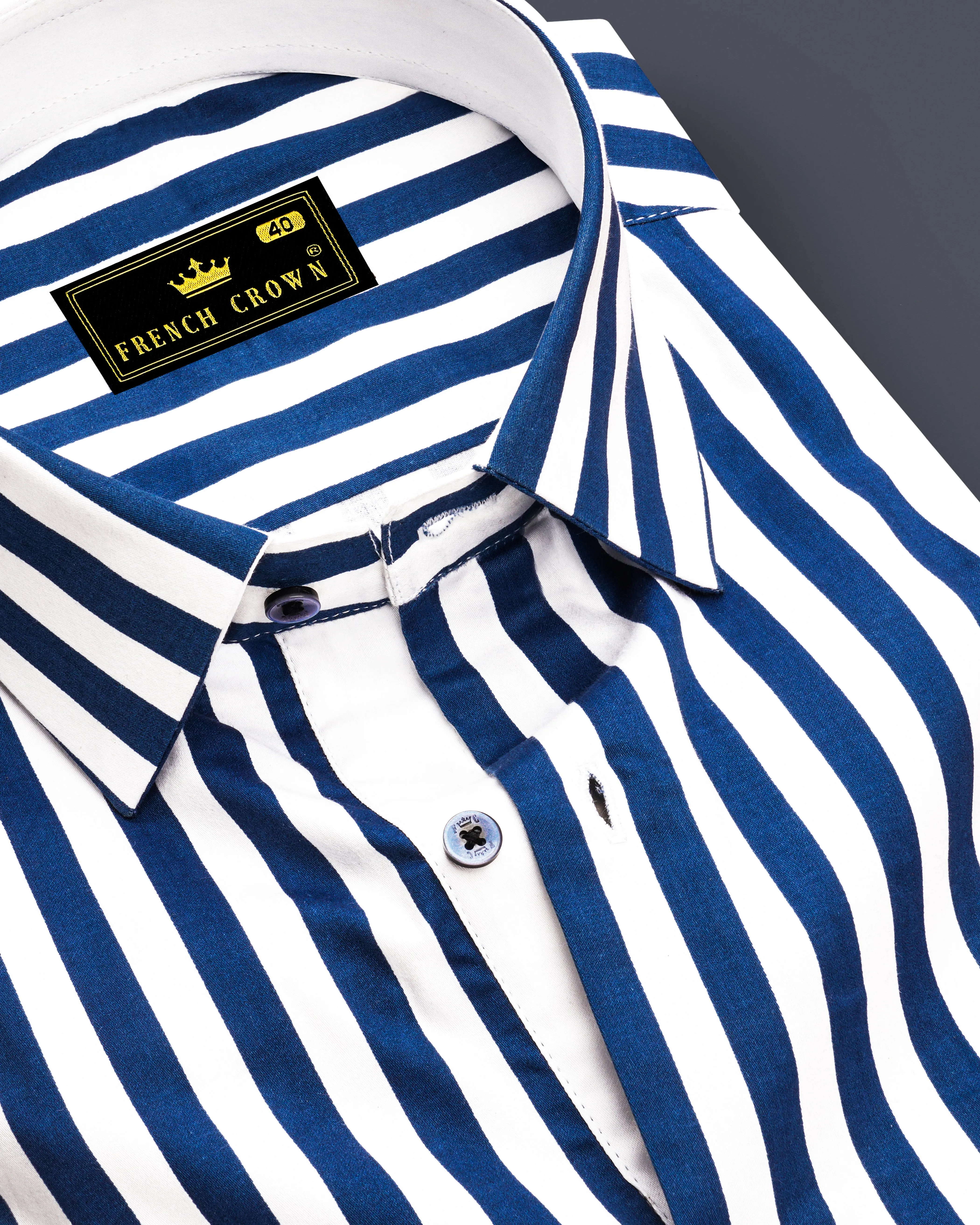 Tailiq-Regal Blue and Bright White Striped Super Soft Premium Cotton Dress Shirt sold by French Crown