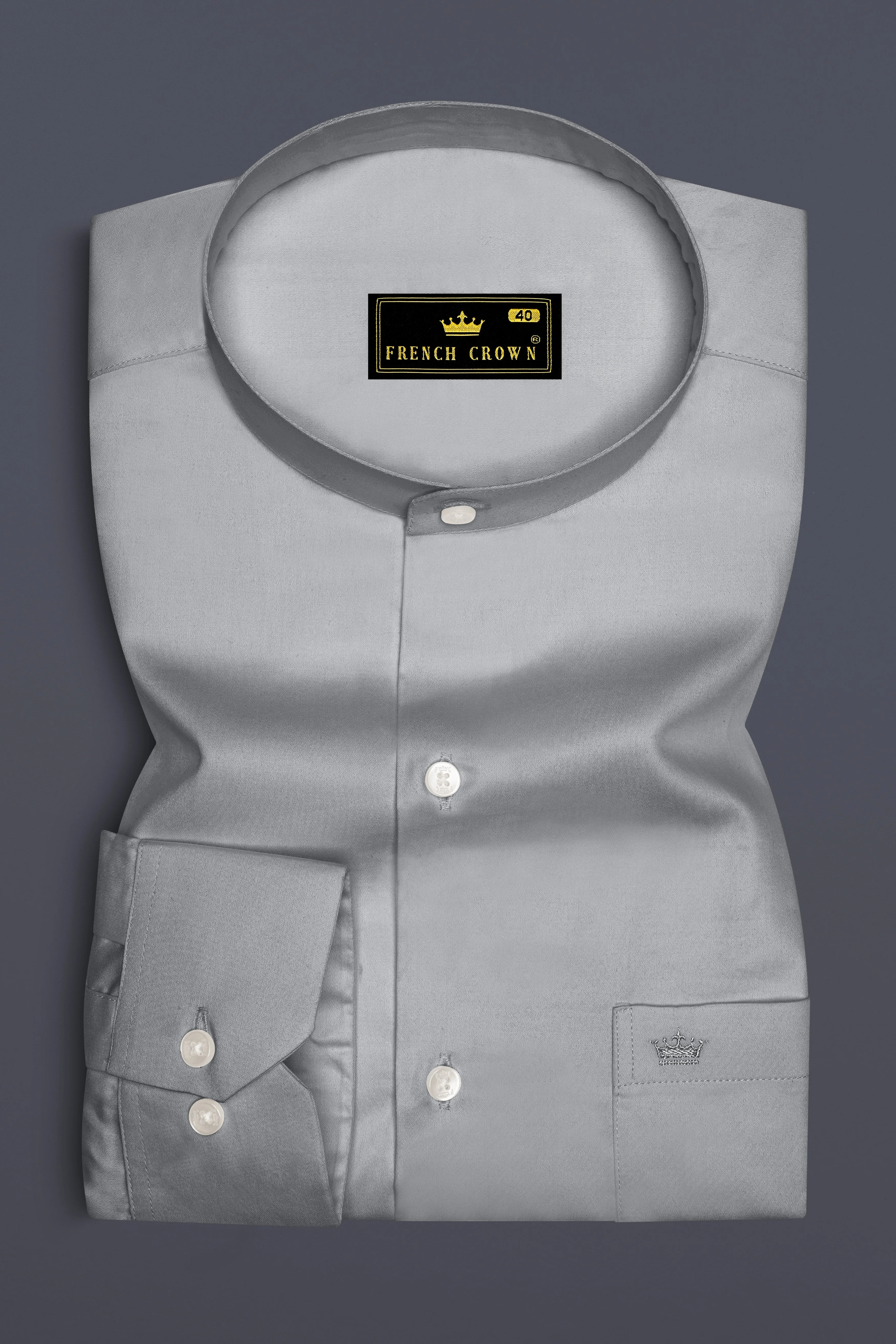 Silvoro-Celeste Gray Subtle Sheen Super Soft Premium Cotton Mandarin Shirt sold by French Crown product image thumbnail 4