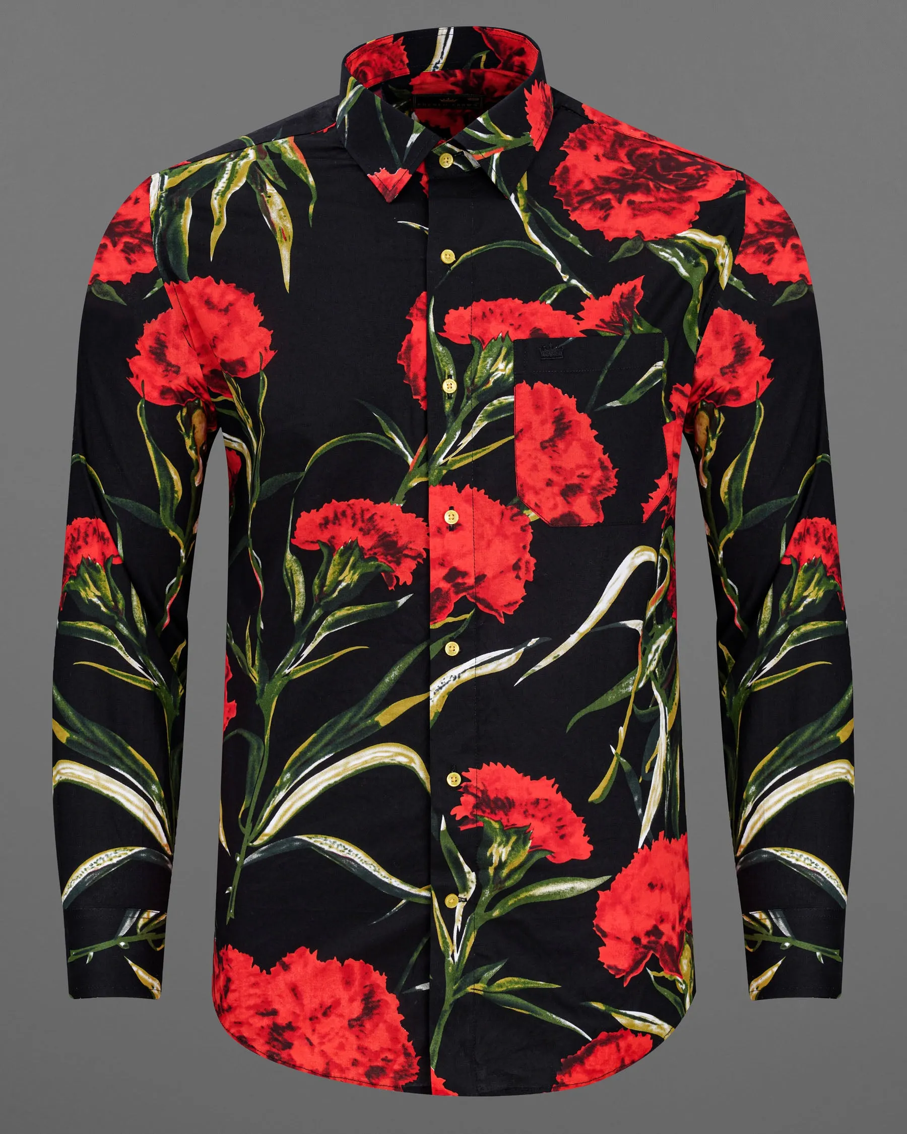 Jade Black With Flush Mahogany Floral Printed Premium Cotton Shirt sold by French Crown