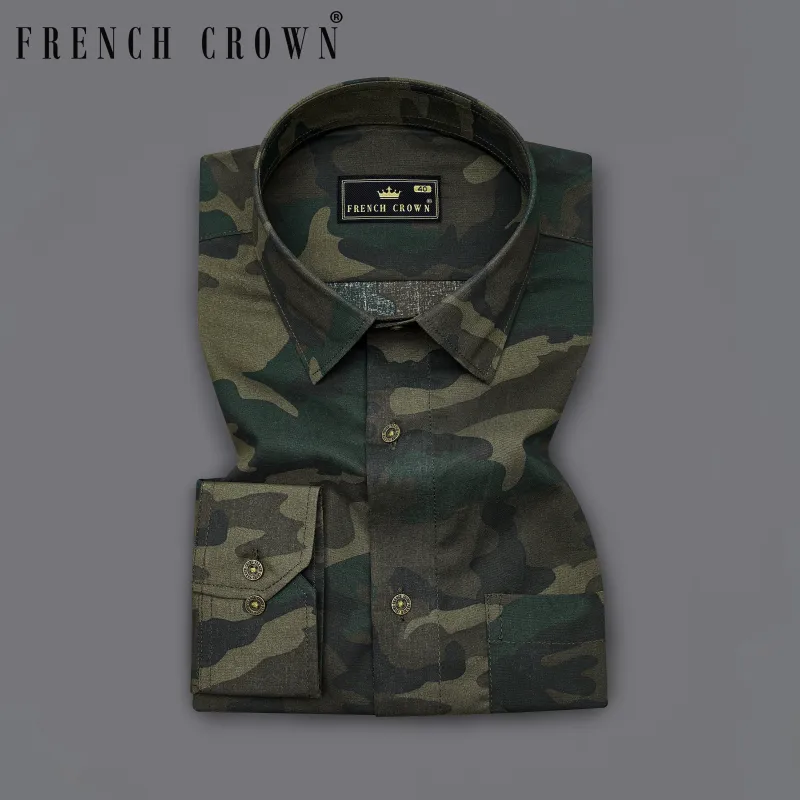 Thunder Brown with Rangoon Green Camouflage Printed Royal Oxford Shirt sold by French Crown