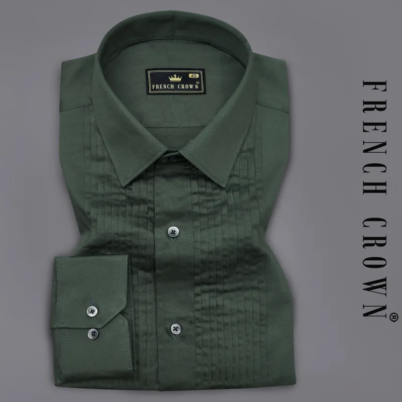 Timber Green Subtle Sheen Snake Pleated Super Soft Premium Cotton Tuxedo Shirt sold by French Crown