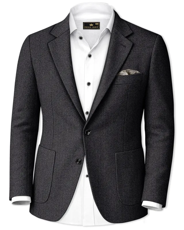 Imperion-Charcoal Gray Herringbone Textured Tweed Single Breasted Sports Blazer sold by French Crown