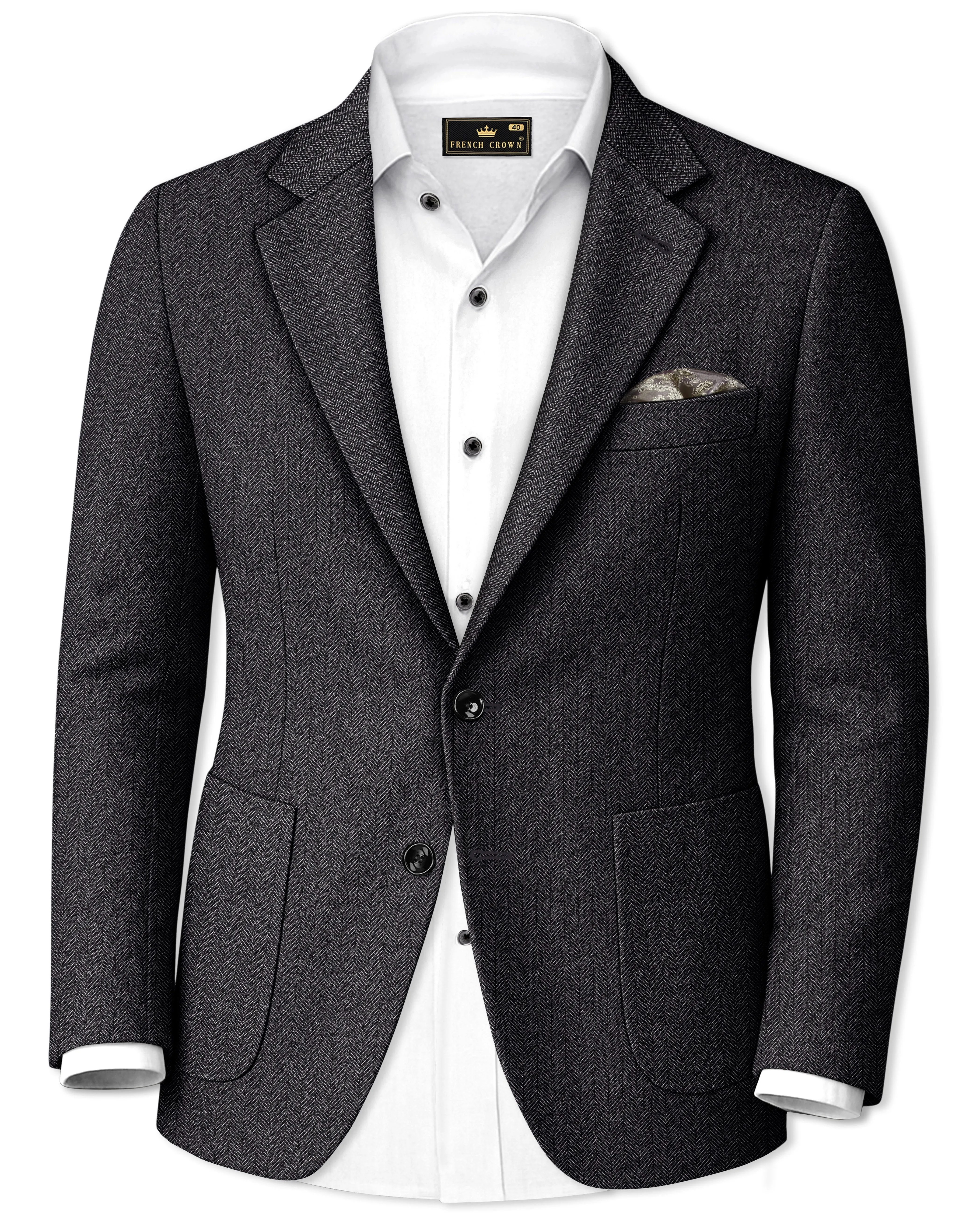 Imperion-Charcoal Gray Herringbone Textured Tweed Single Breasted Sports Blazer sold by French Crown