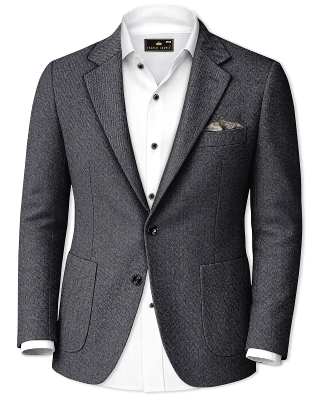 Silvoro-Iridium Gray Herringbone Textured Tweed Single Breasted Sports Blazer sold by French Crown