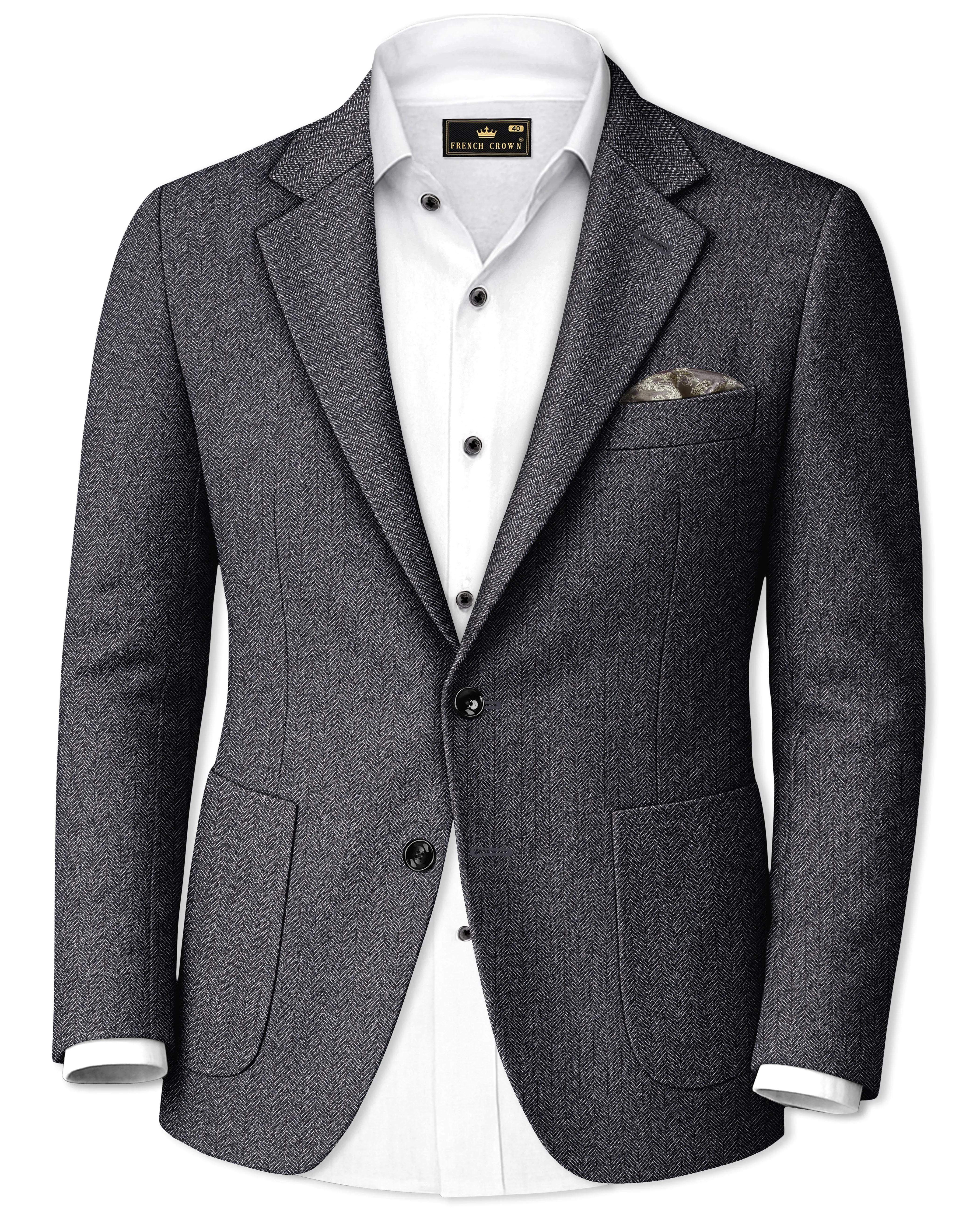 Silvoro-Iridium Gray Herringbone Textured Tweed Single Breasted Sports Blazer sold by French Crown