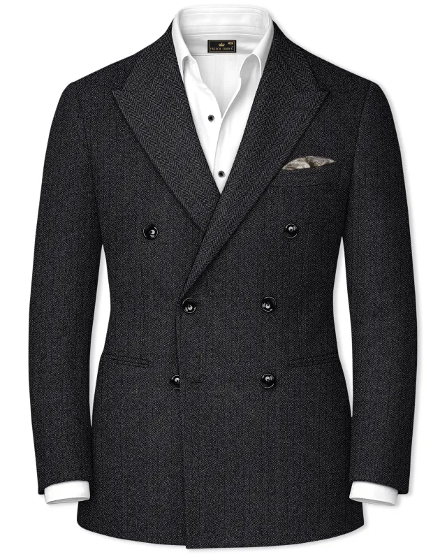 Imperion-Charcoal Gray Herringbone Textured Tweed Double Breasted Blazer sold by French Crown
