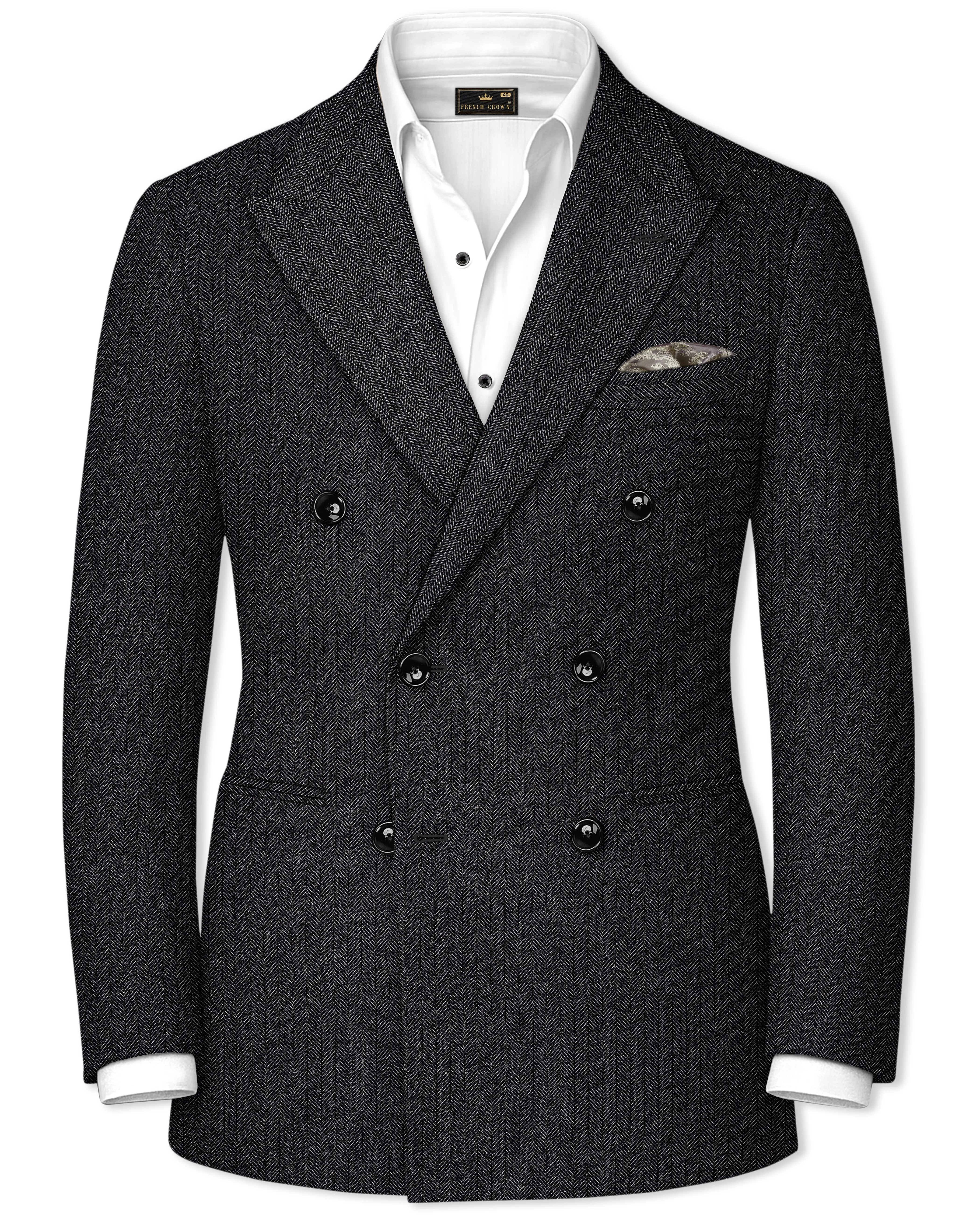 Imperion-Charcoal Gray Herringbone Textured Tweed Double Breasted Blazer sold by French Crown