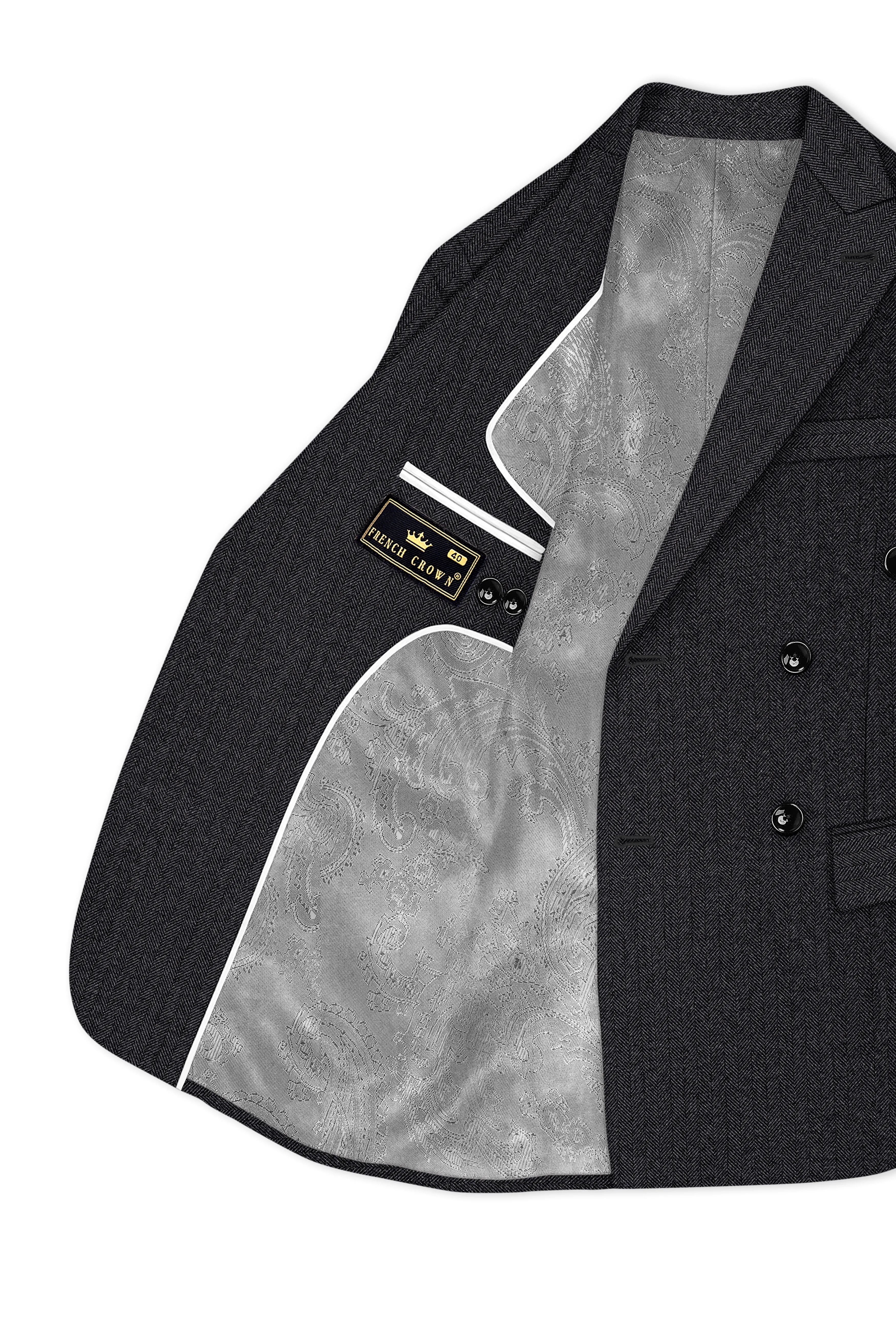 Imperion-Charcoal Gray Herringbone Textured Tweed Double Breasted Blazer sold by French Crown product image thumbnail 5