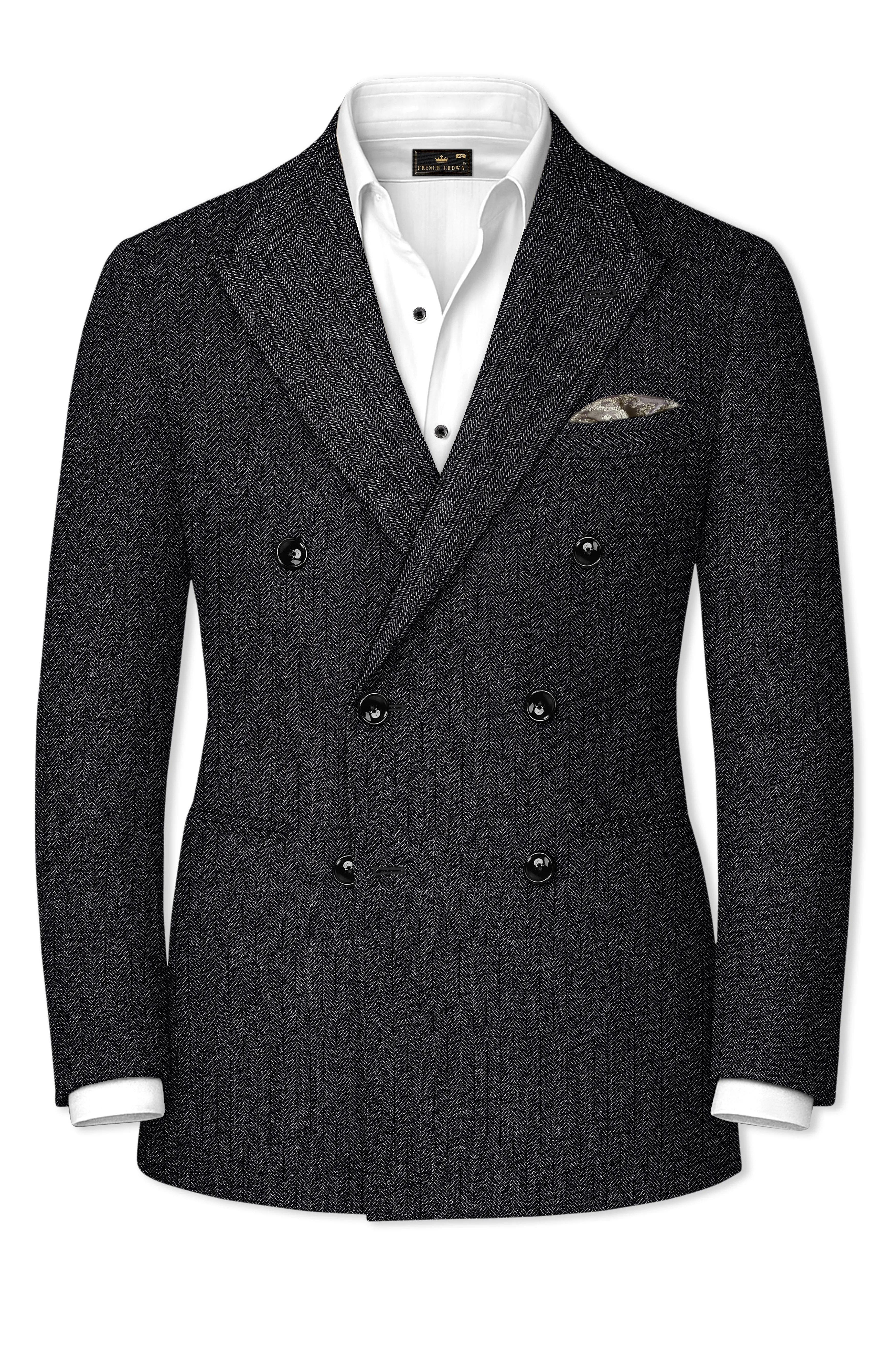 Imperion-Charcoal Gray Herringbone Textured Tweed Double Breasted Blazer sold by French Crown product image thumbnail 2