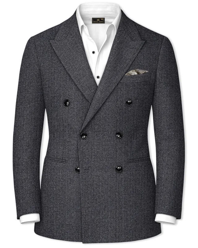 Silvoro-Iridium Gray Herringbone Textured Tweed Double Breasted Blazer sold by French Crown