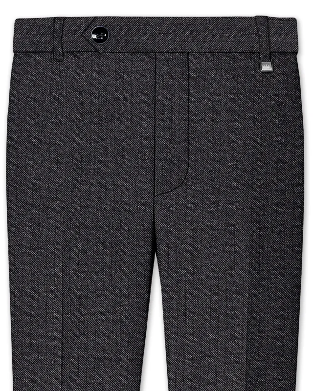 Imperion-Charcoal Gray Herringbone Textured Tweed Stretchable Waistband Pant made by French Crown