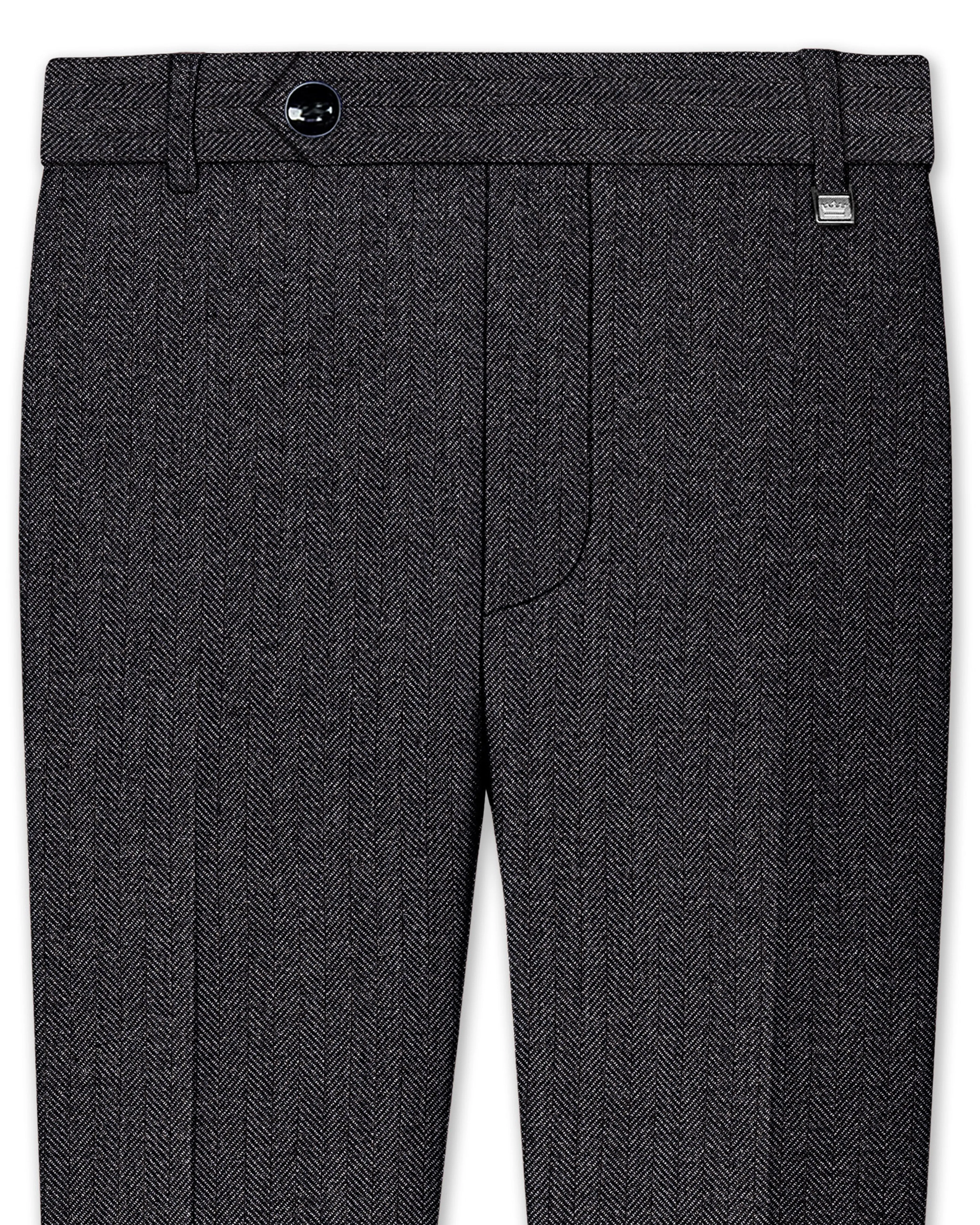 Imperion-Charcoal Gray Herringbone Textured Tweed Stretchable Waistband Pant sold by French Crown