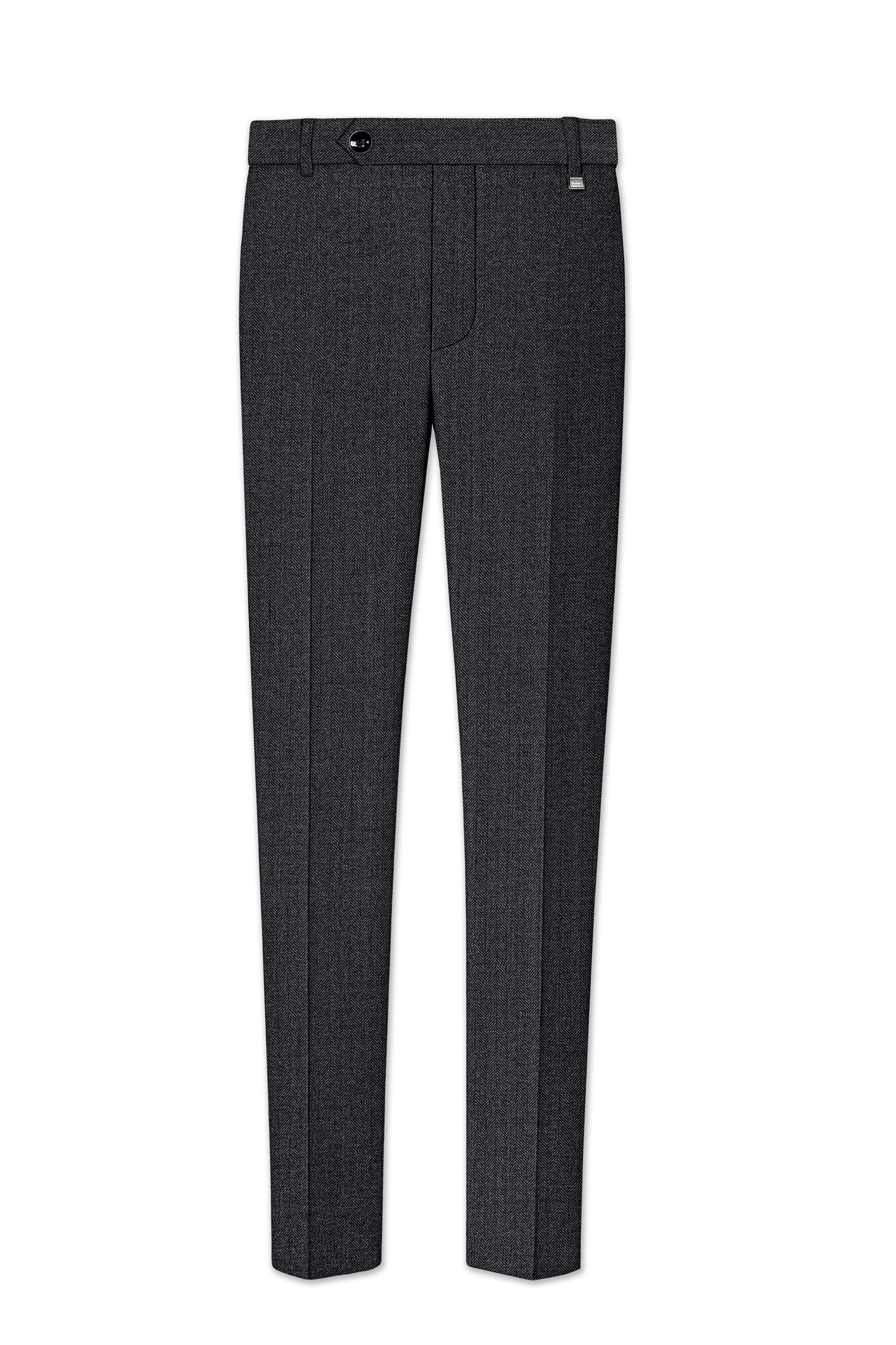 Imperion-Charcoal Gray Herringbone Textured Tweed Stretchable Waistband Pant sold by French Crown product image thumbnail 2