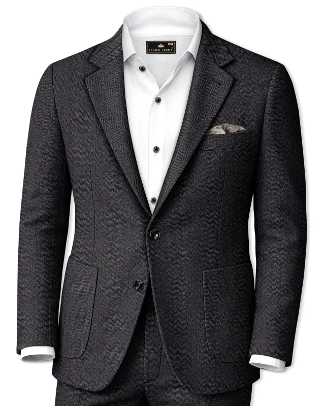 Imperion-Charcoal Gray Herringbone Textured Tweed Single Breasted Sports Suit made by French Crown