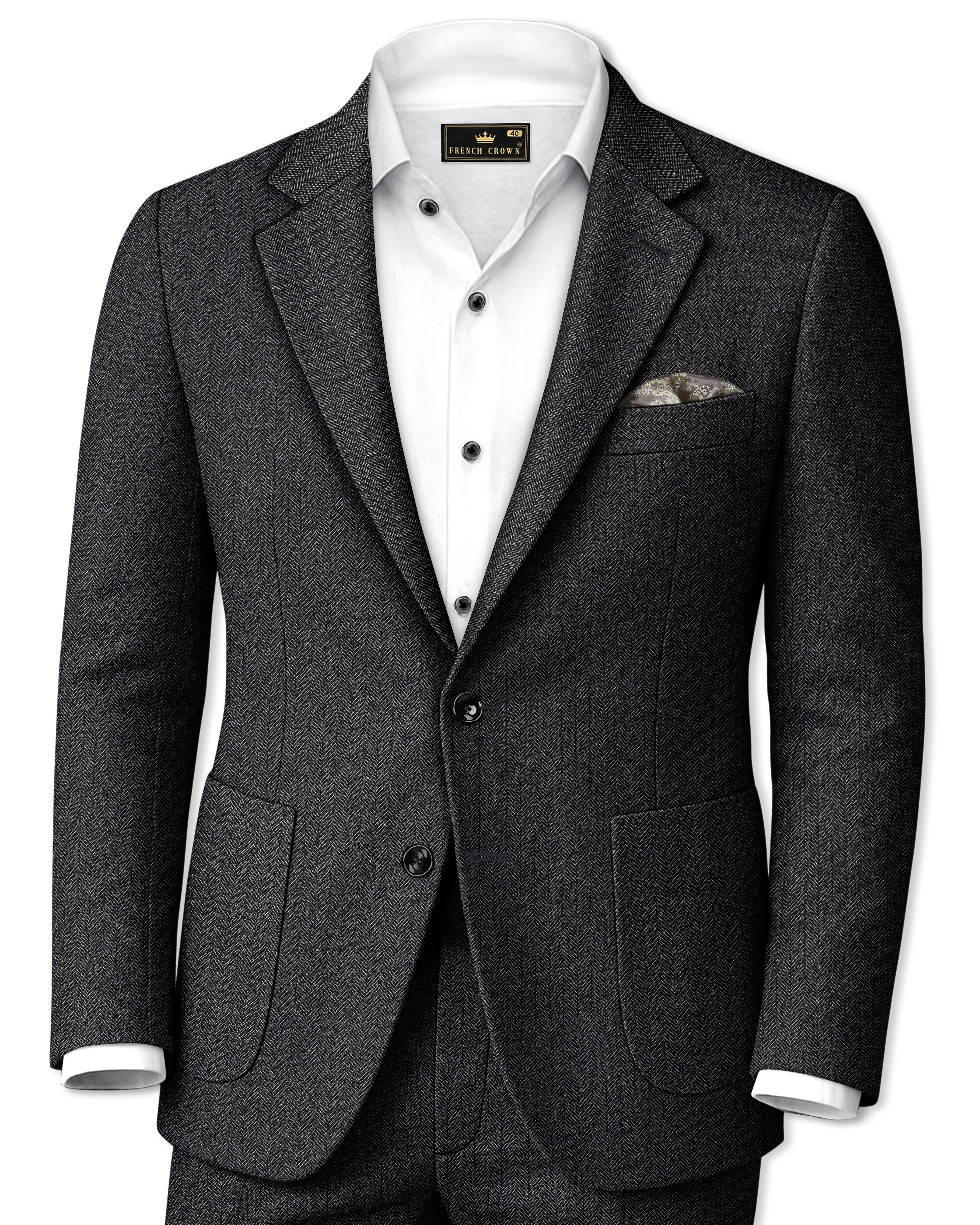 Imperion-Charcoal Gray Herringbone Textured Tweed Single Breasted Sports Suit sold by French Crown