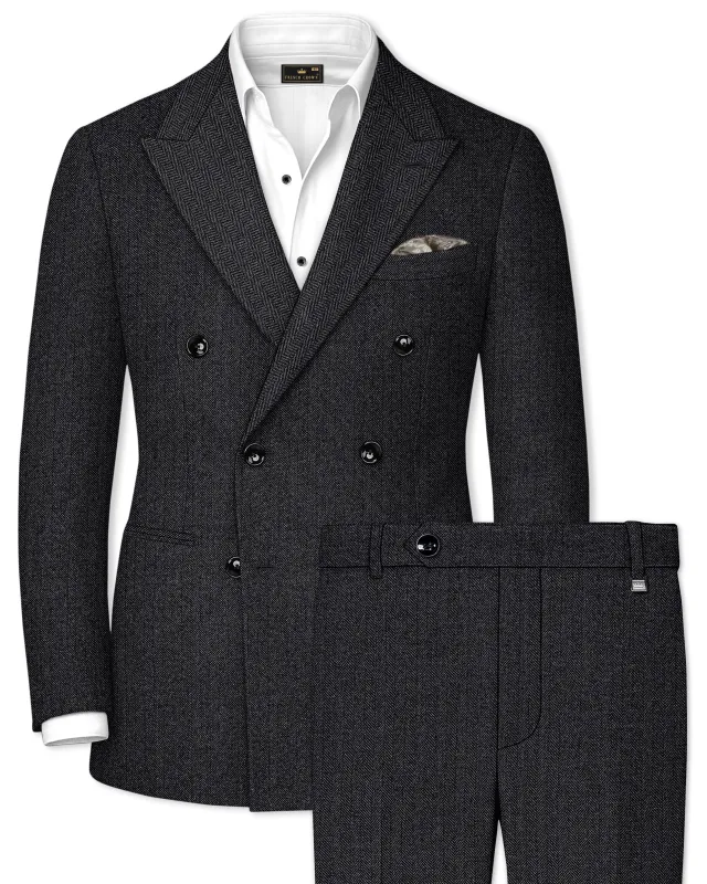 Imperion-Charcoal Gray Herringbone Textured Tweed Double Breasted Suit made by French Crown