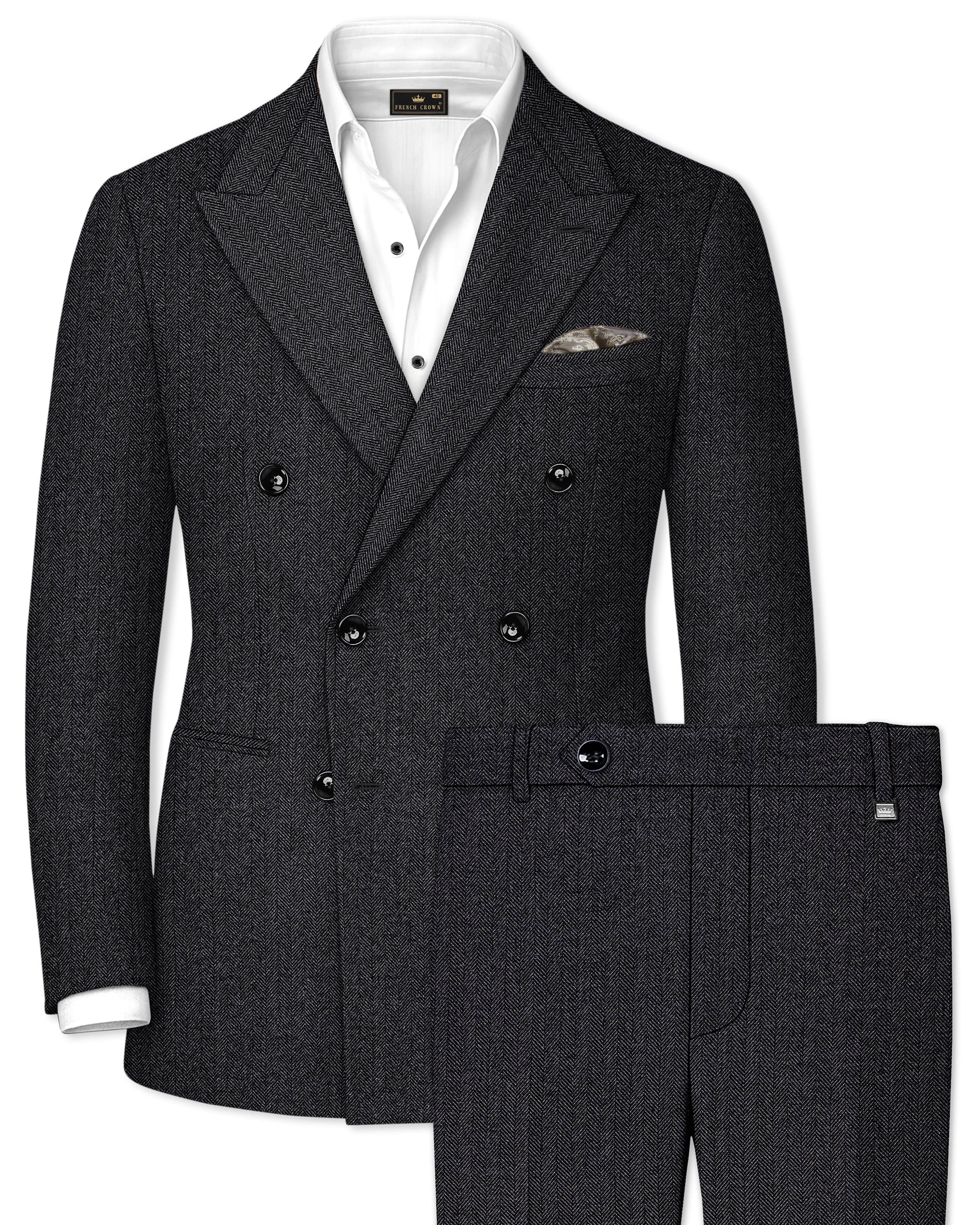 Imperion-Charcoal Gray Herringbone Textured Tweed Double Breasted Suit sold by French Crown