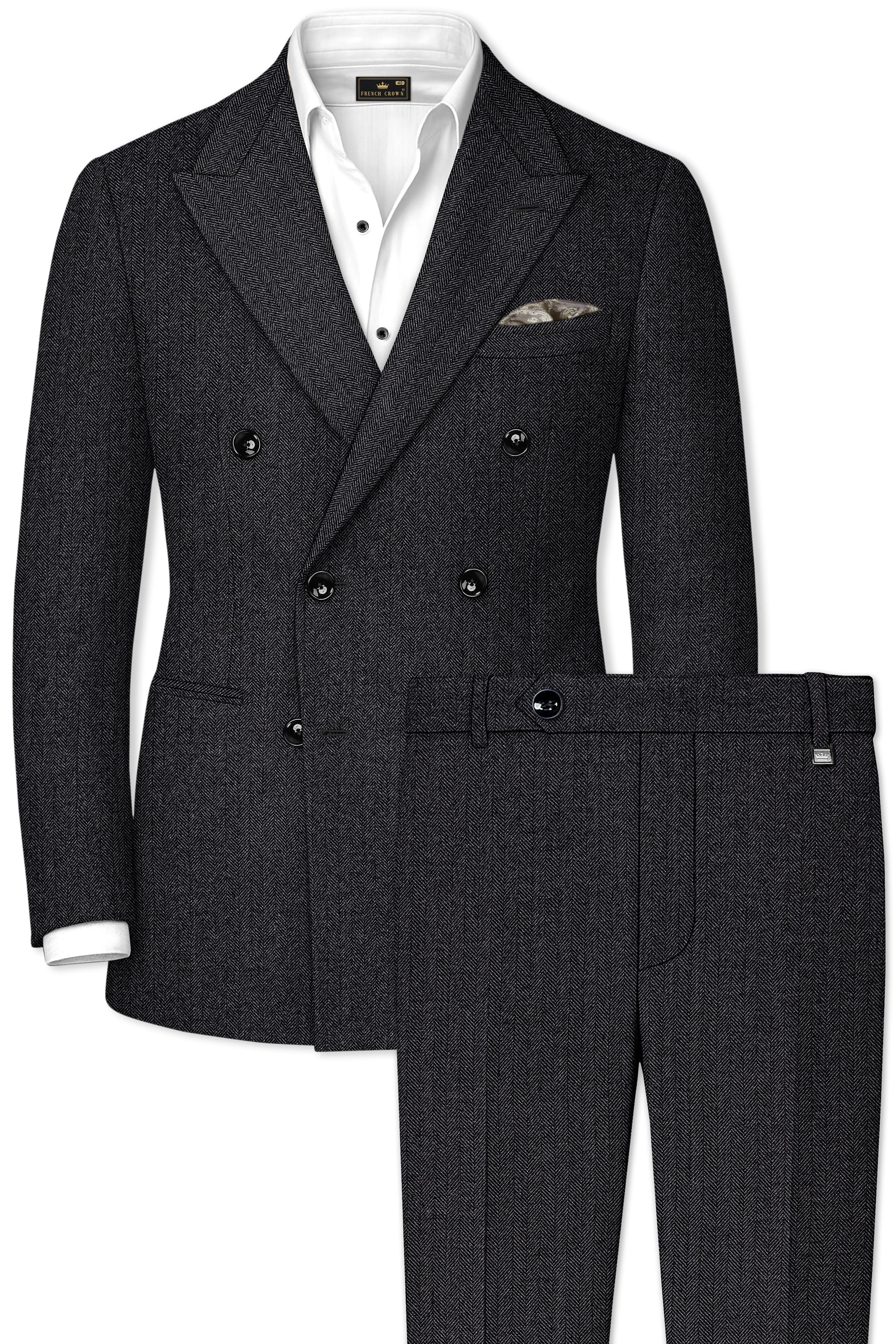 Imperion-Charcoal Gray Herringbone Textured Tweed Double Breasted Suit sold by French Crown product image thumbnail 2
