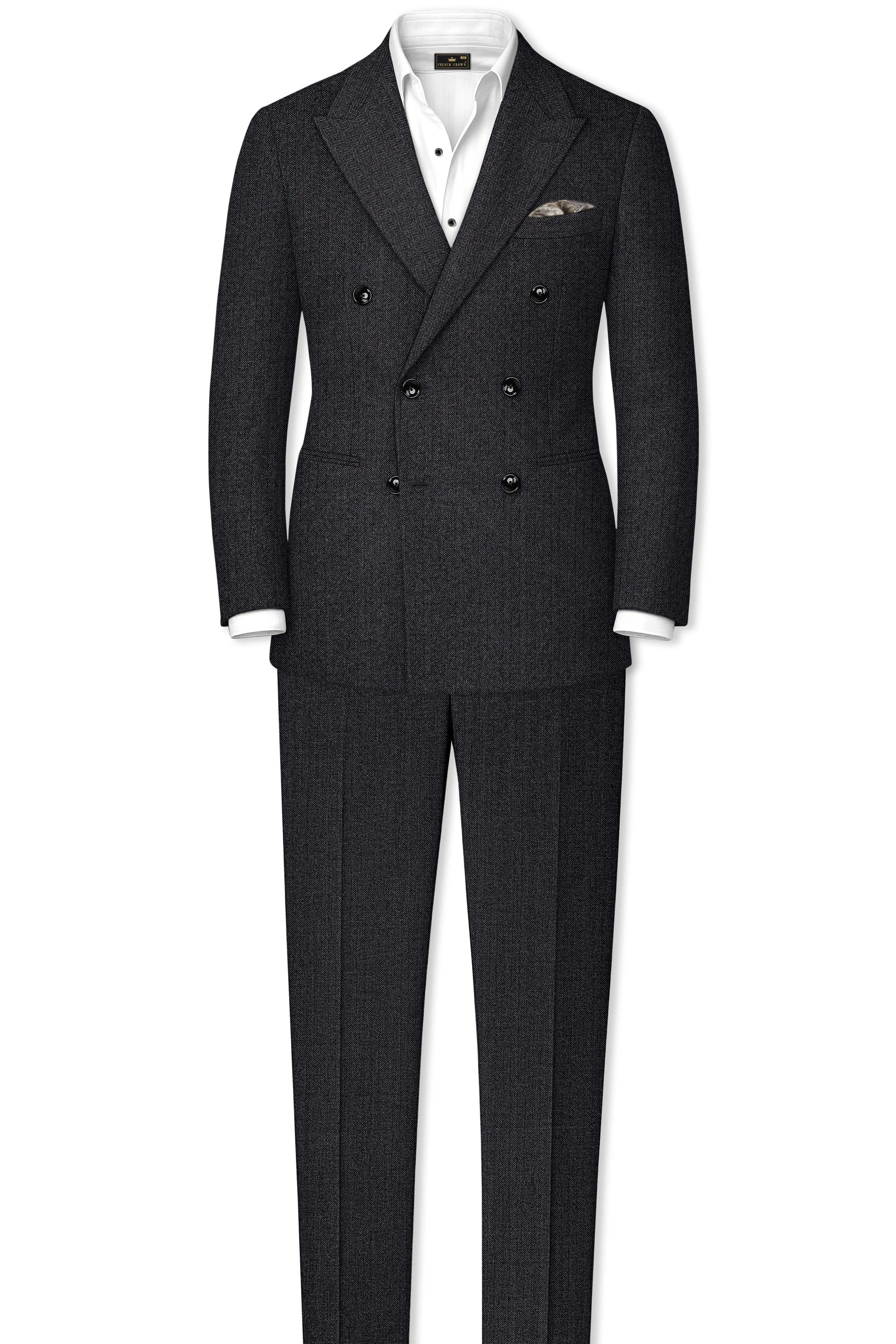 Imperion-Charcoal Gray Herringbone Textured Tweed Double Breasted Suit sold by French Crown product image thumbnail 4