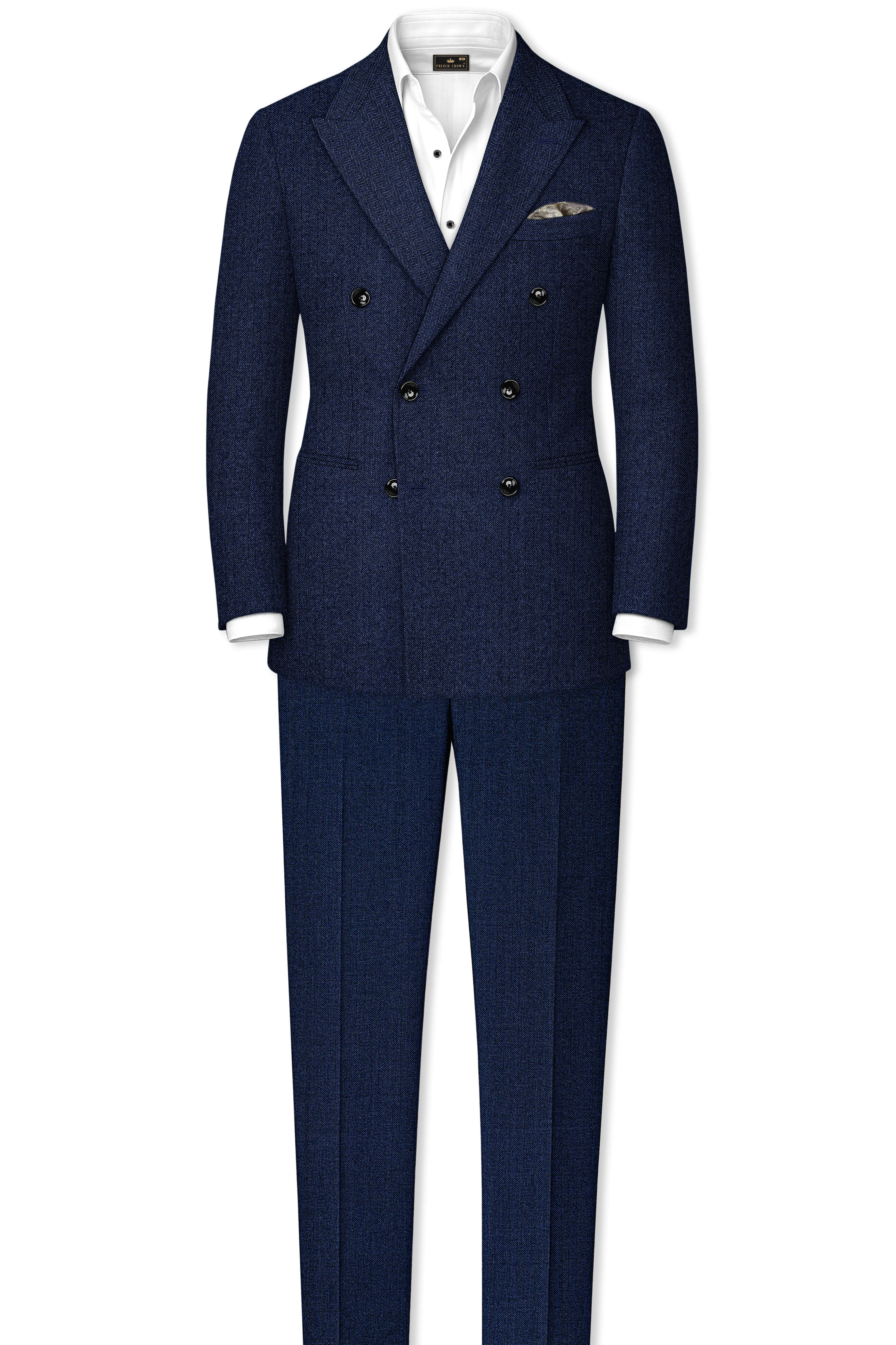 Aurevu-Vulcan Blue Herringbone Textured Tweed Double Breasted Suit sold by French Crown product image thumbnail 4