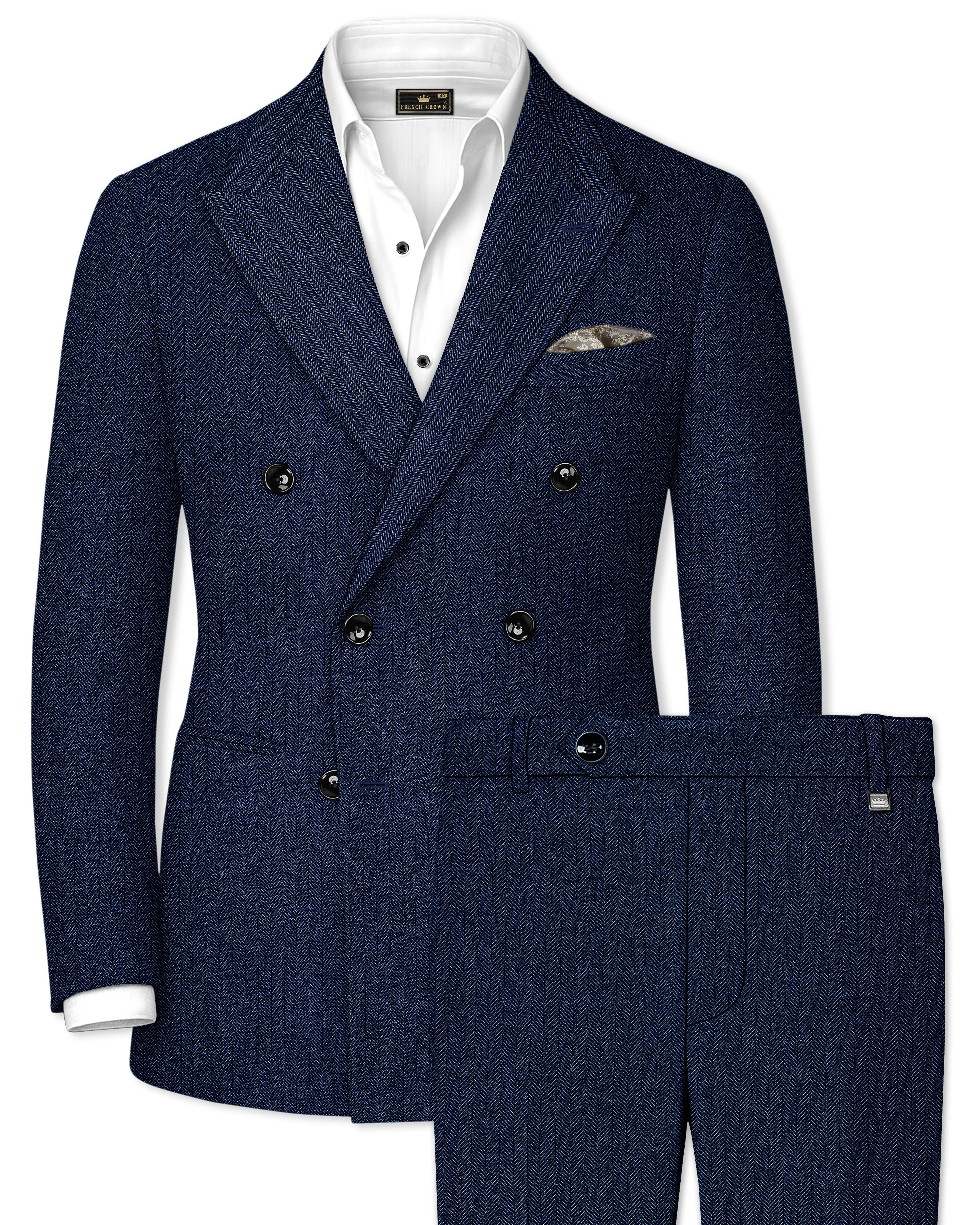 Aurevu-Vulcan Blue Herringbone Textured Tweed Double Breasted Suit sold by French Crown