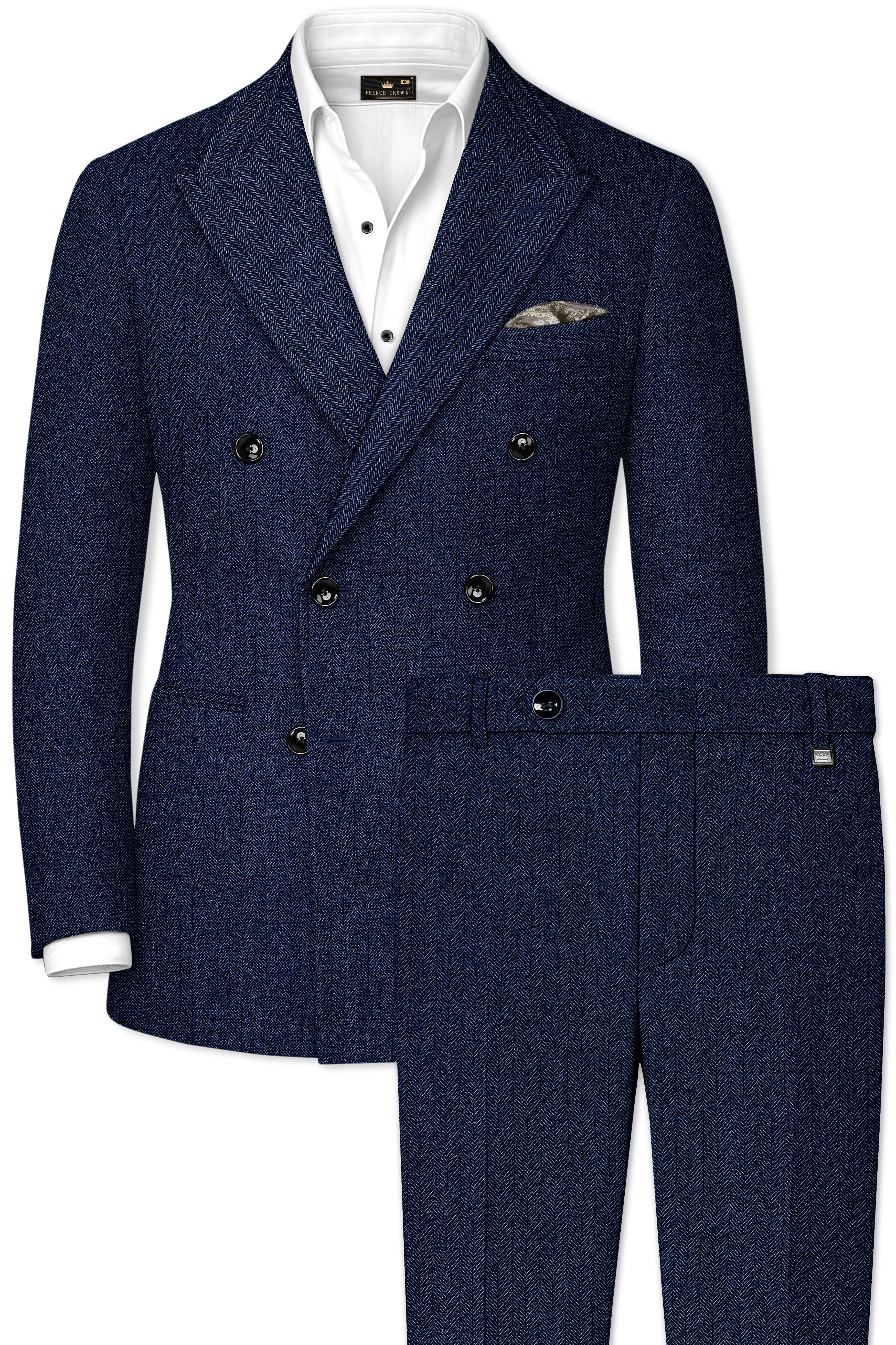 Aurevu-Vulcan Blue Herringbone Textured Tweed Double Breasted Suit sold by French Crown product image thumbnail 2