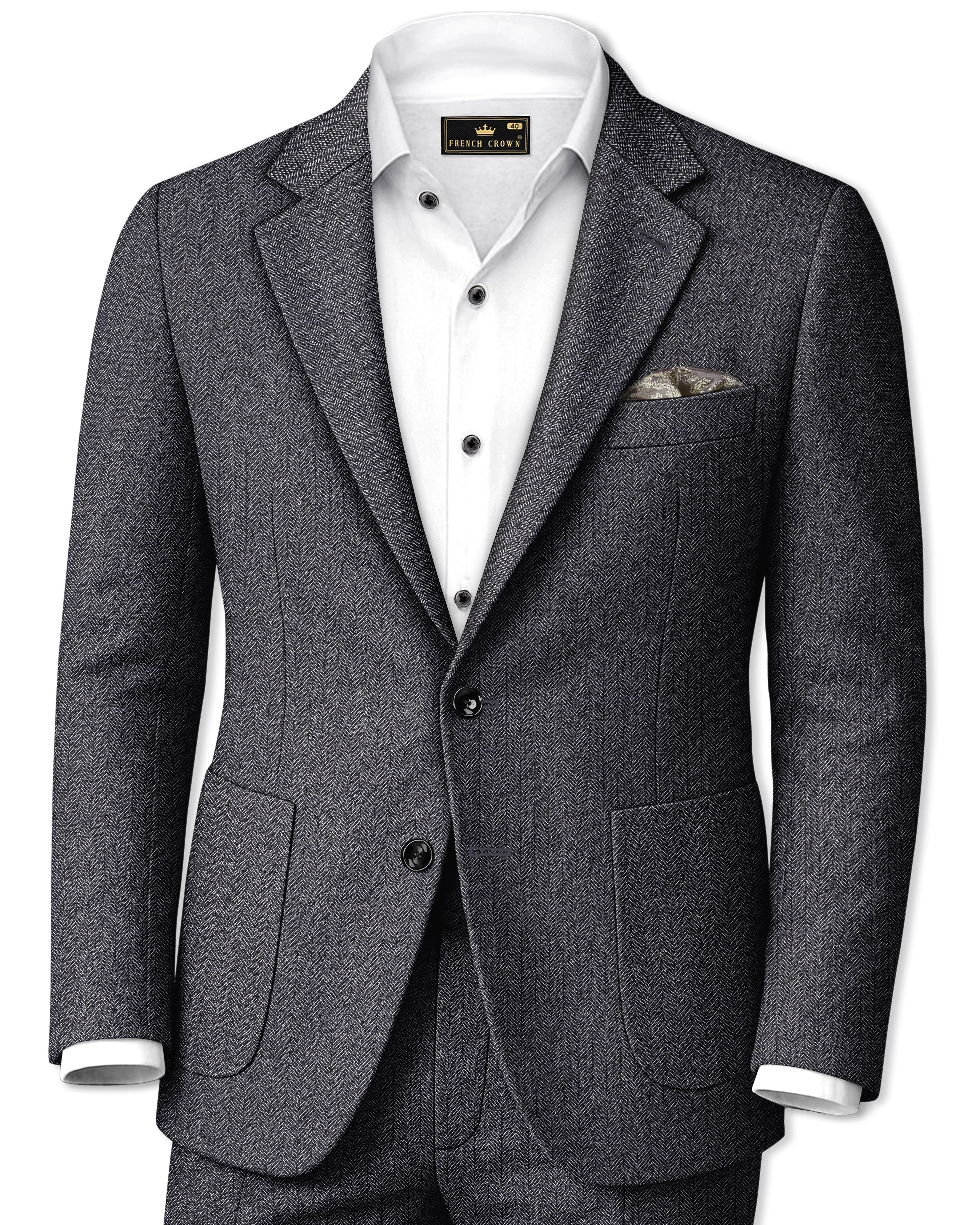 Silvoro-Iridium Gray Herringbone Textured Tweed Single Breasted Sports Suit sold by French Crown