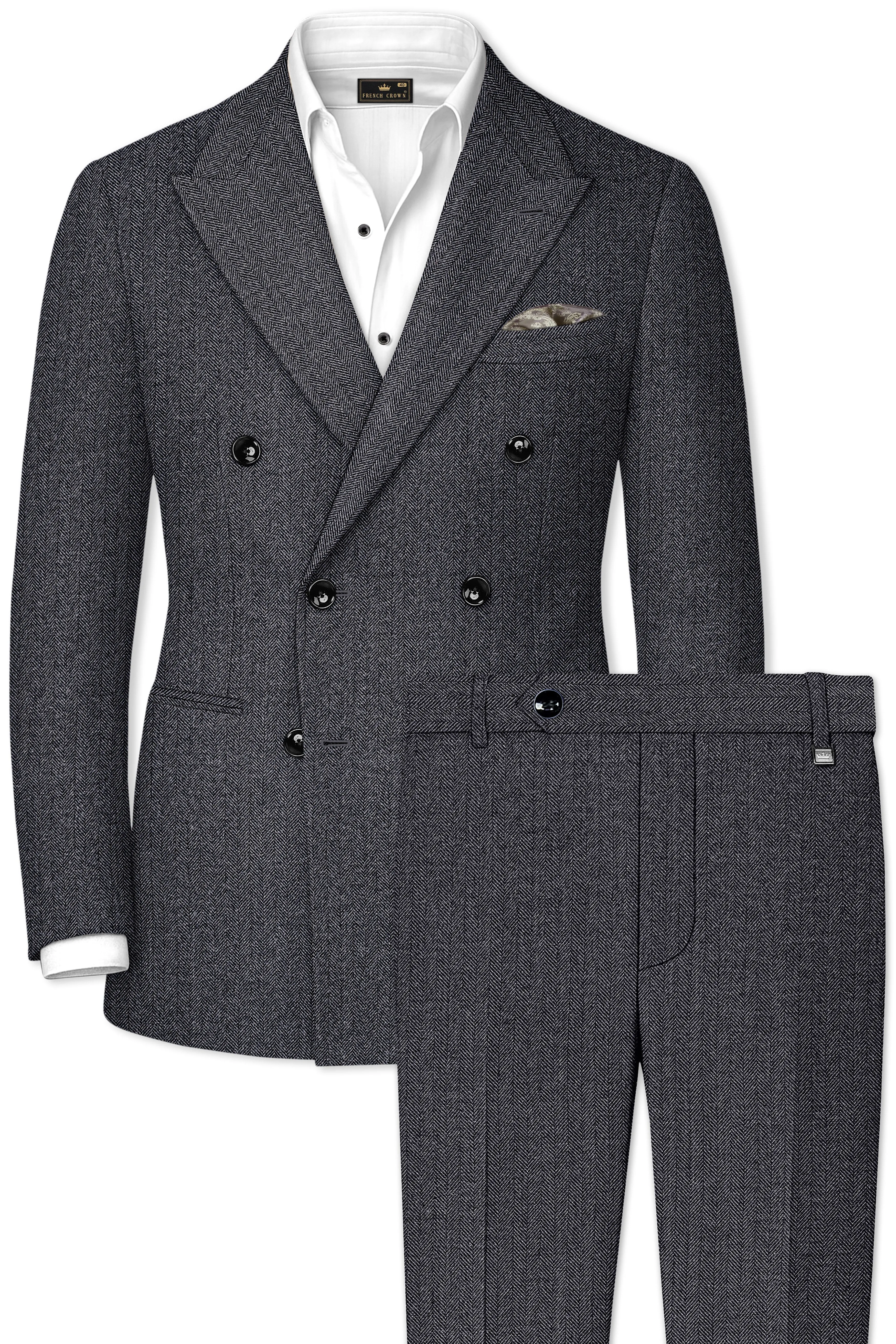 Silvoro-Iridium Gray Herringbone Textured Tweed Double Breasted Suit sold by French Crown product image thumbnail 2