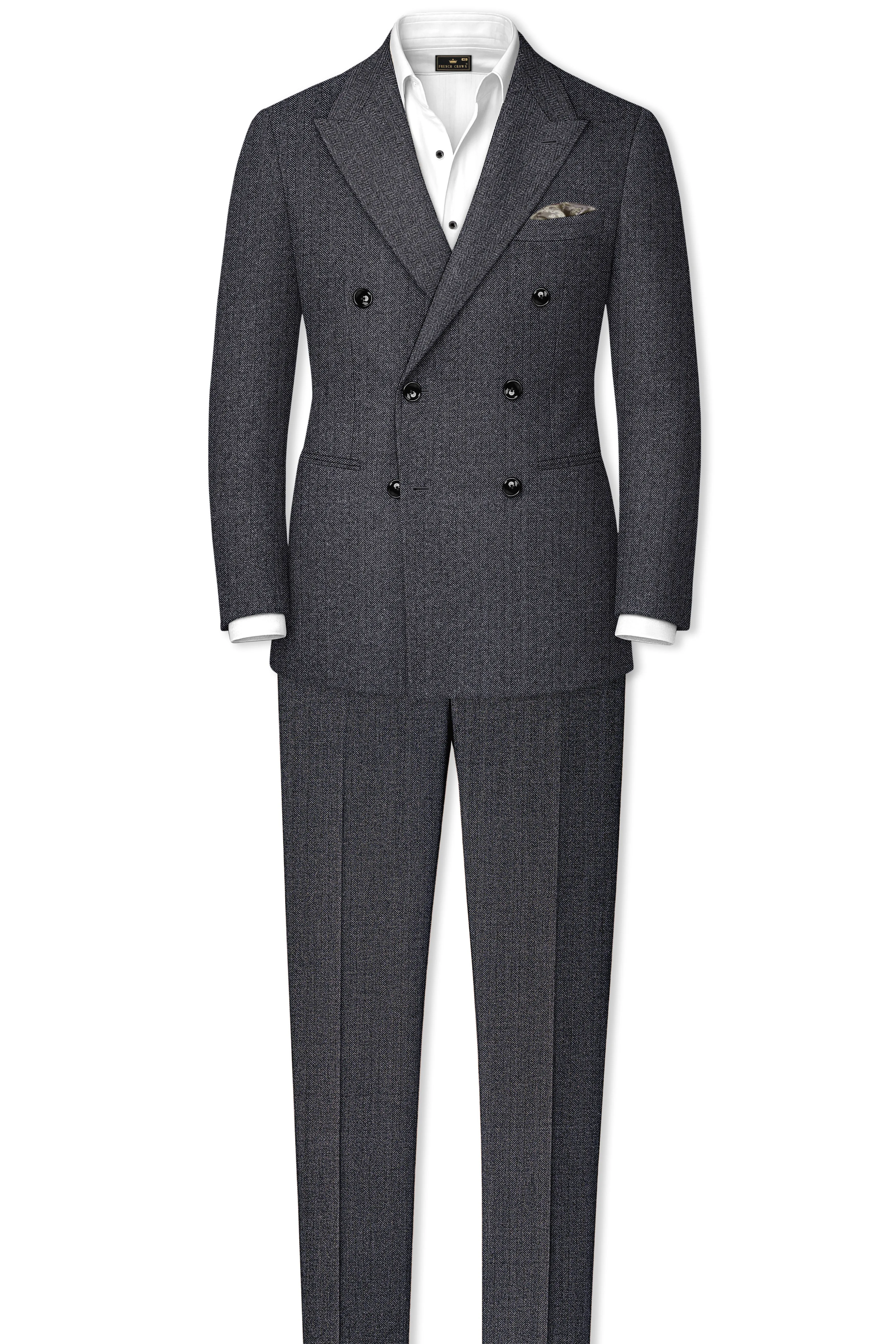 Silvoro-Iridium Gray Herringbone Textured Tweed Double Breasted Suit sold by French Crown product image thumbnail 4