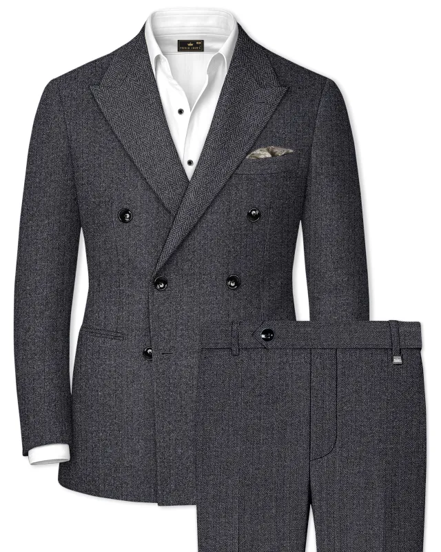 Silvoro-Iridium Gray Herringbone Textured Tweed Double Breasted Suit made by French Crown