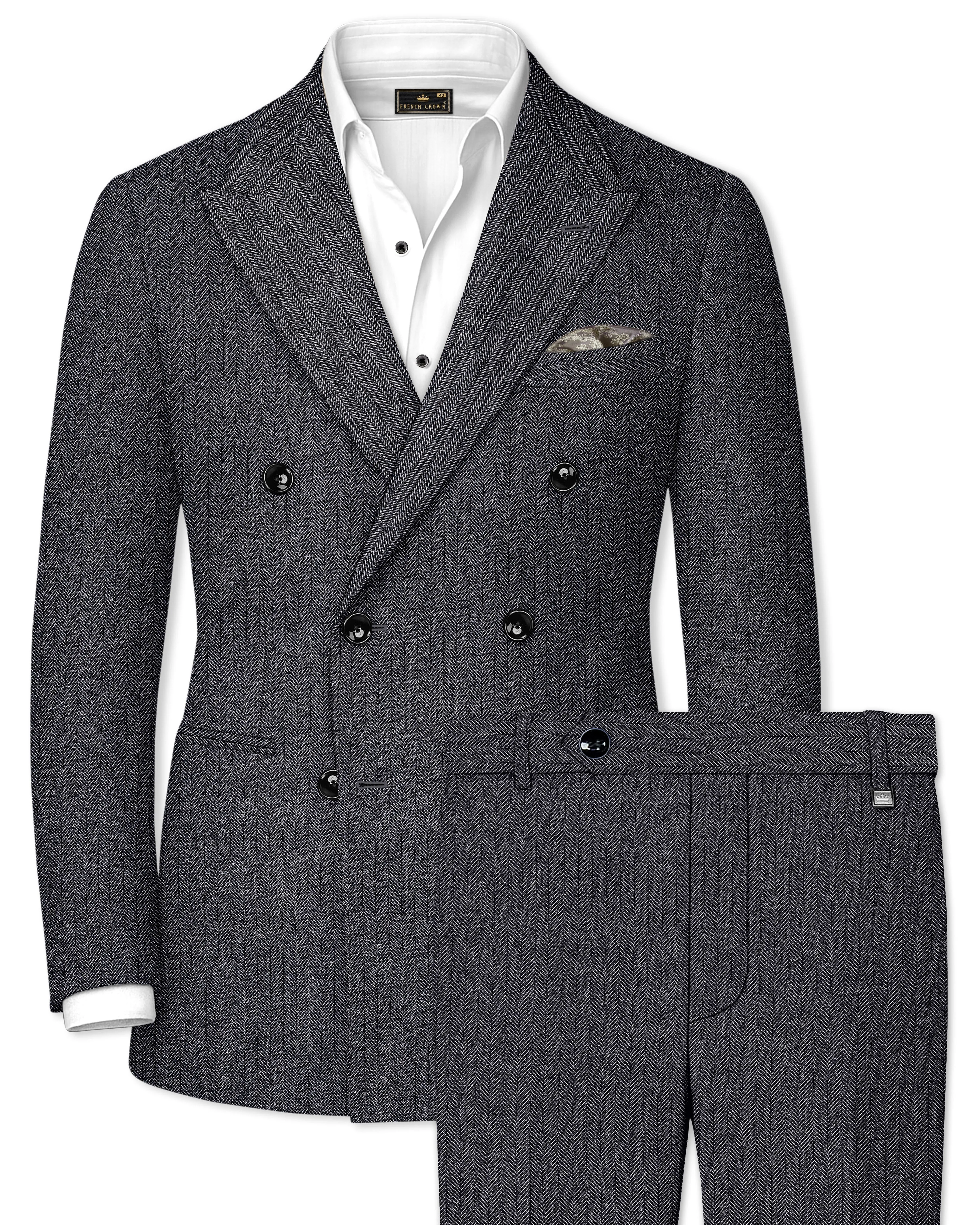 Silvoro-Iridium Gray Herringbone Textured Tweed Double Breasted Suit sold by French Crown