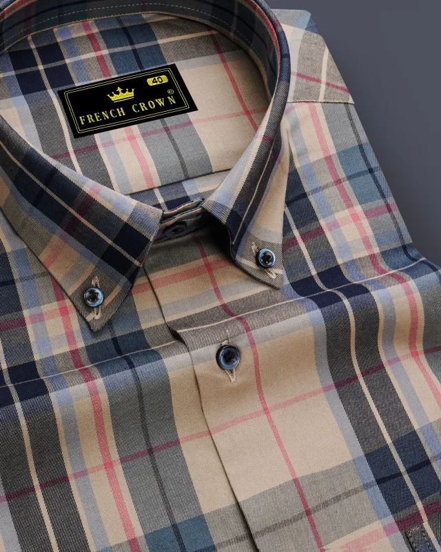 Opulor-Midnight Blue And Sandrift Cream Plaid Twill Premium Cotton Semi Formal Shirt sold by French Crown
