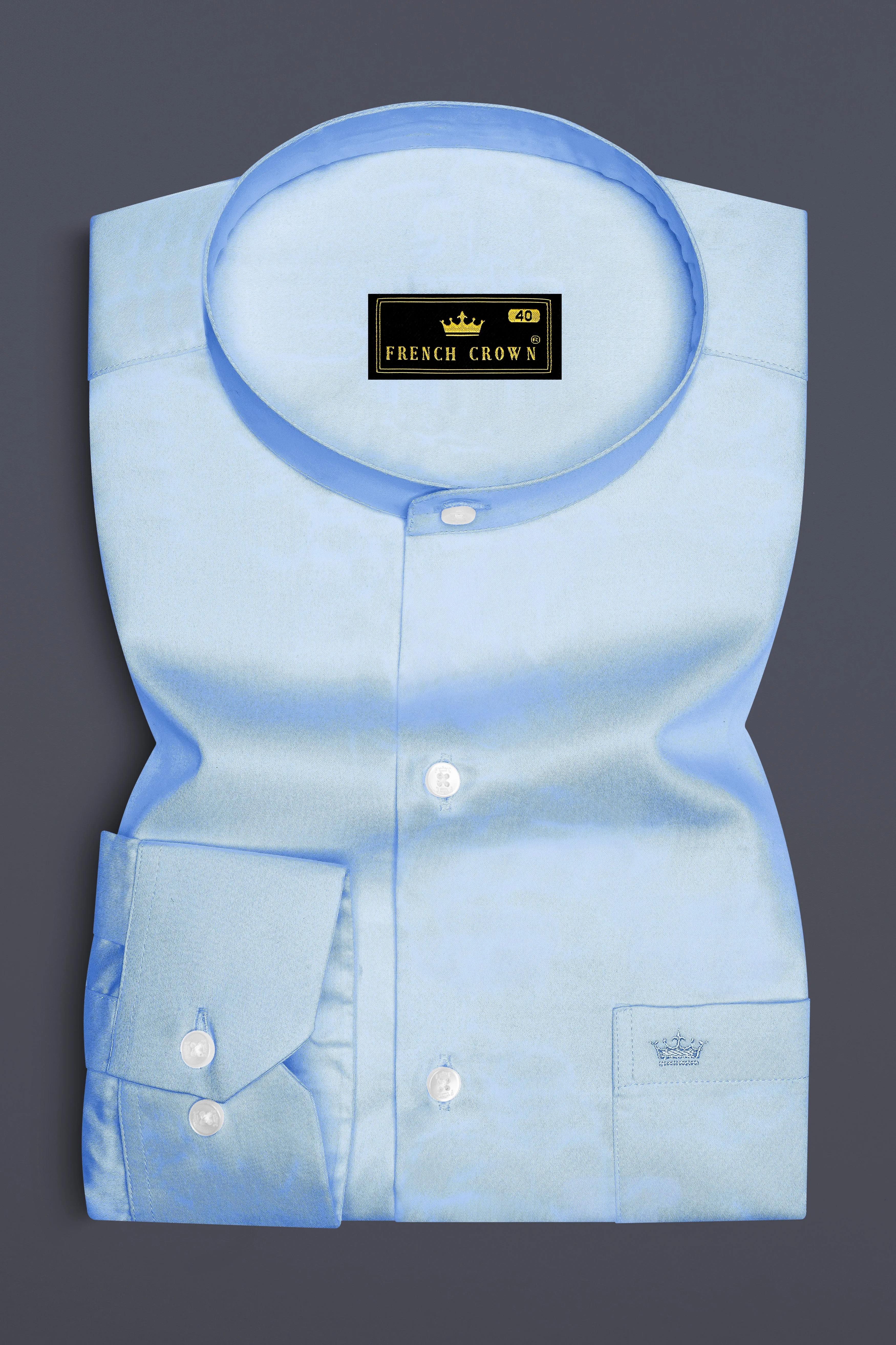 Argento-Steel Blue Subtle Sheen Super Soft Premium Cotton Mandarin Dress Shirt sold by French Crown product image thumbnail 4