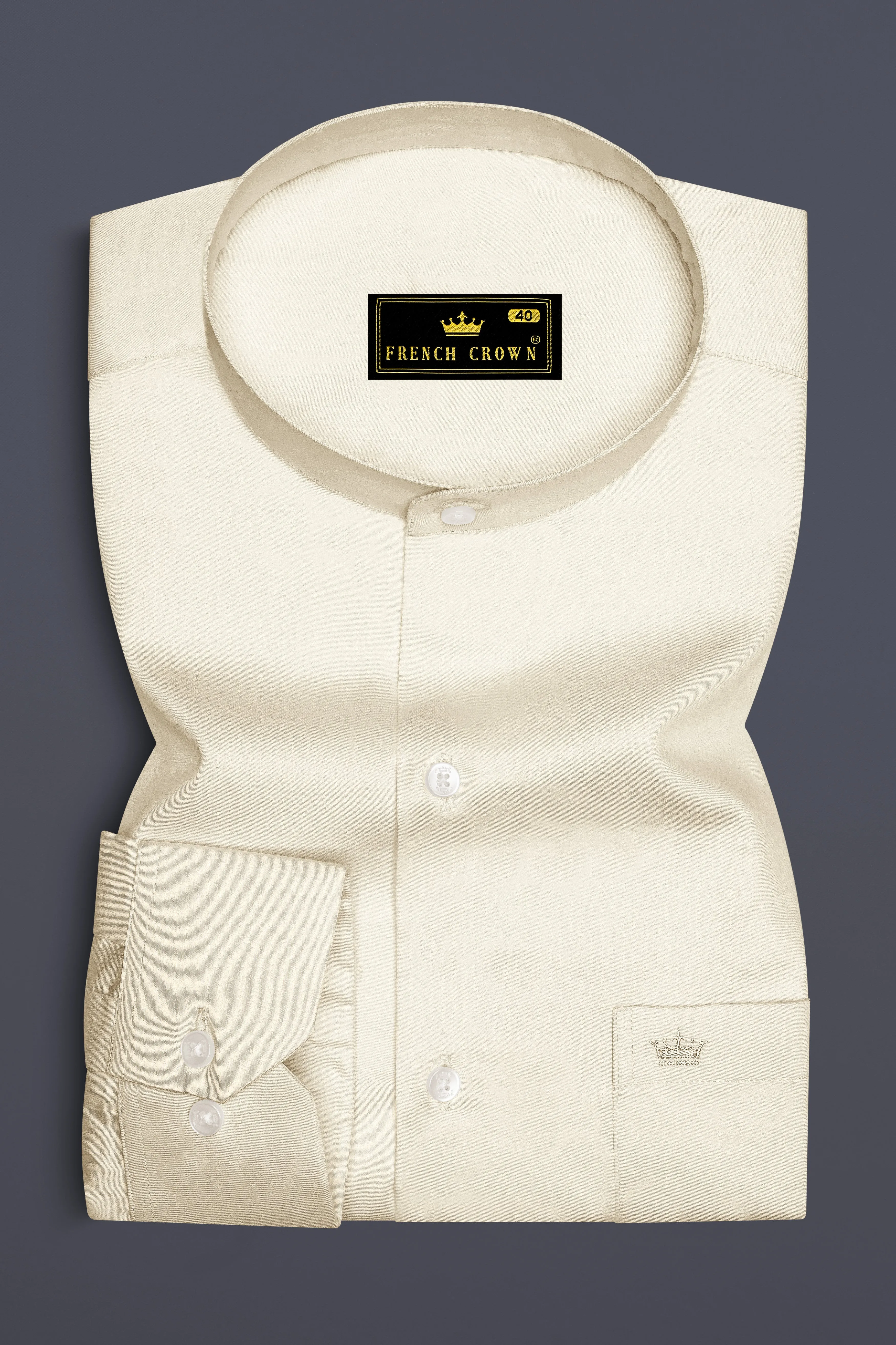 Ivoro-Cornsilk Cream Subtle Sheen Super Soft Premium Cotton Mandarin Dress Shirt sold by French Crown product image thumbnail 4