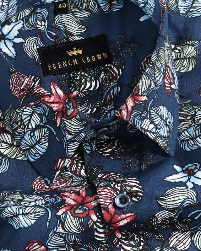 Blue flowers Printed Premium Cotton Shirt sold by French Crown