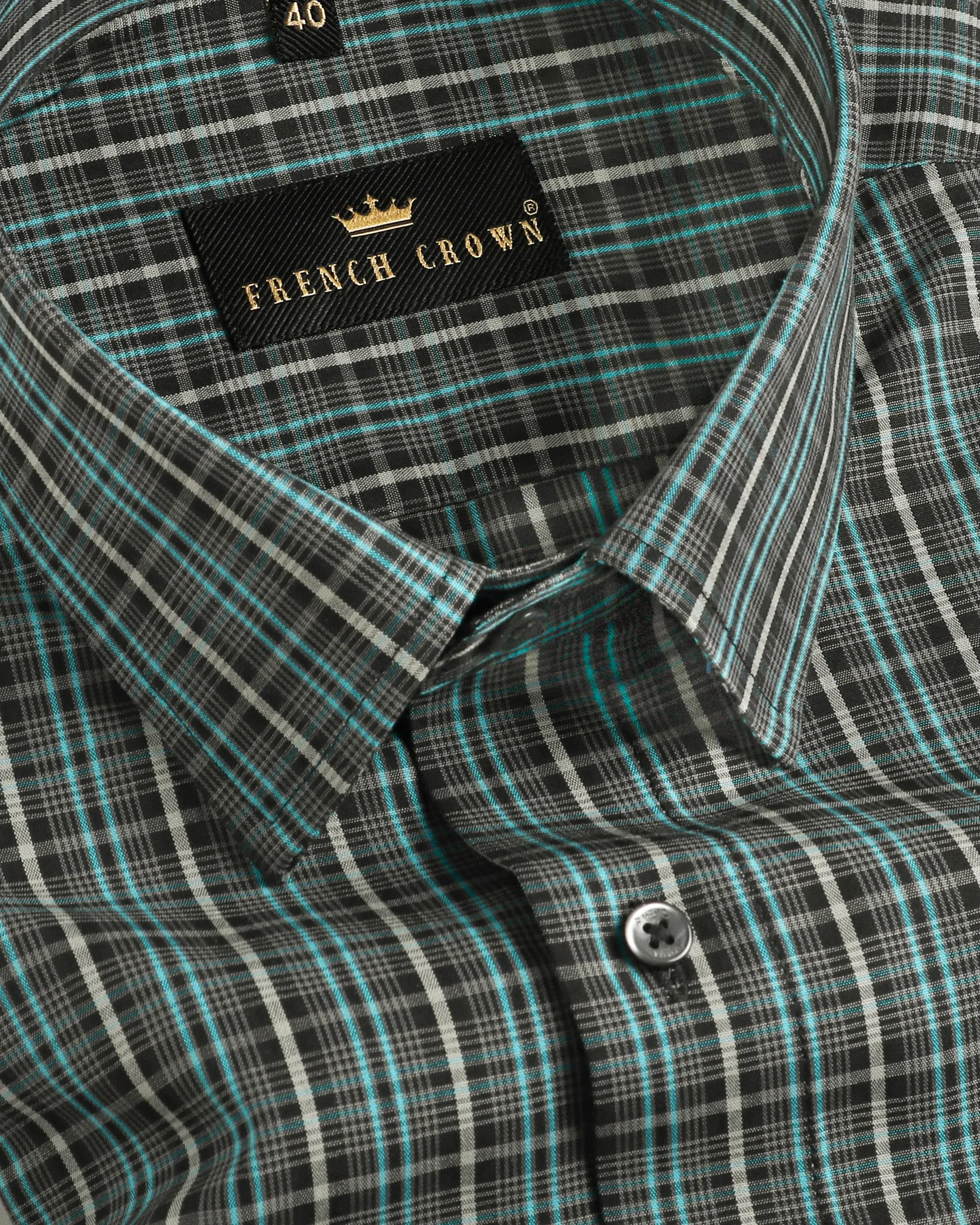 Jade Black with Aqua Plaid Premium Cotton Shirt sold by French Crown