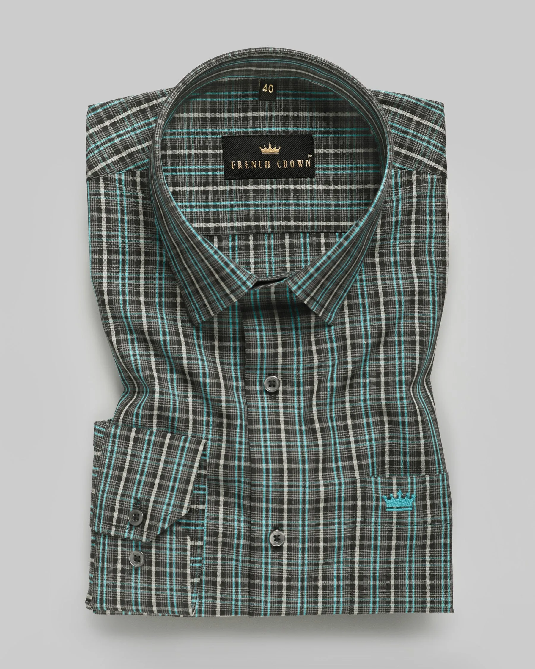 Jade Black with Aqua Plaid Premium Cotton Shirt sold by French Crown product image thumbnail 3