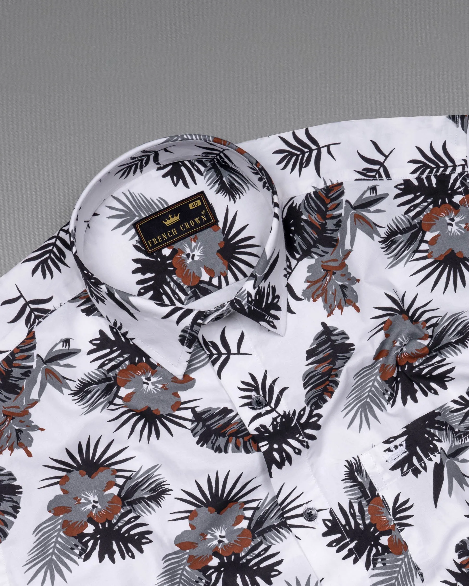 Bright White Tropical Printed Twill Textured Premium Cotton Shirt sold by French Crown product image thumbnail 5