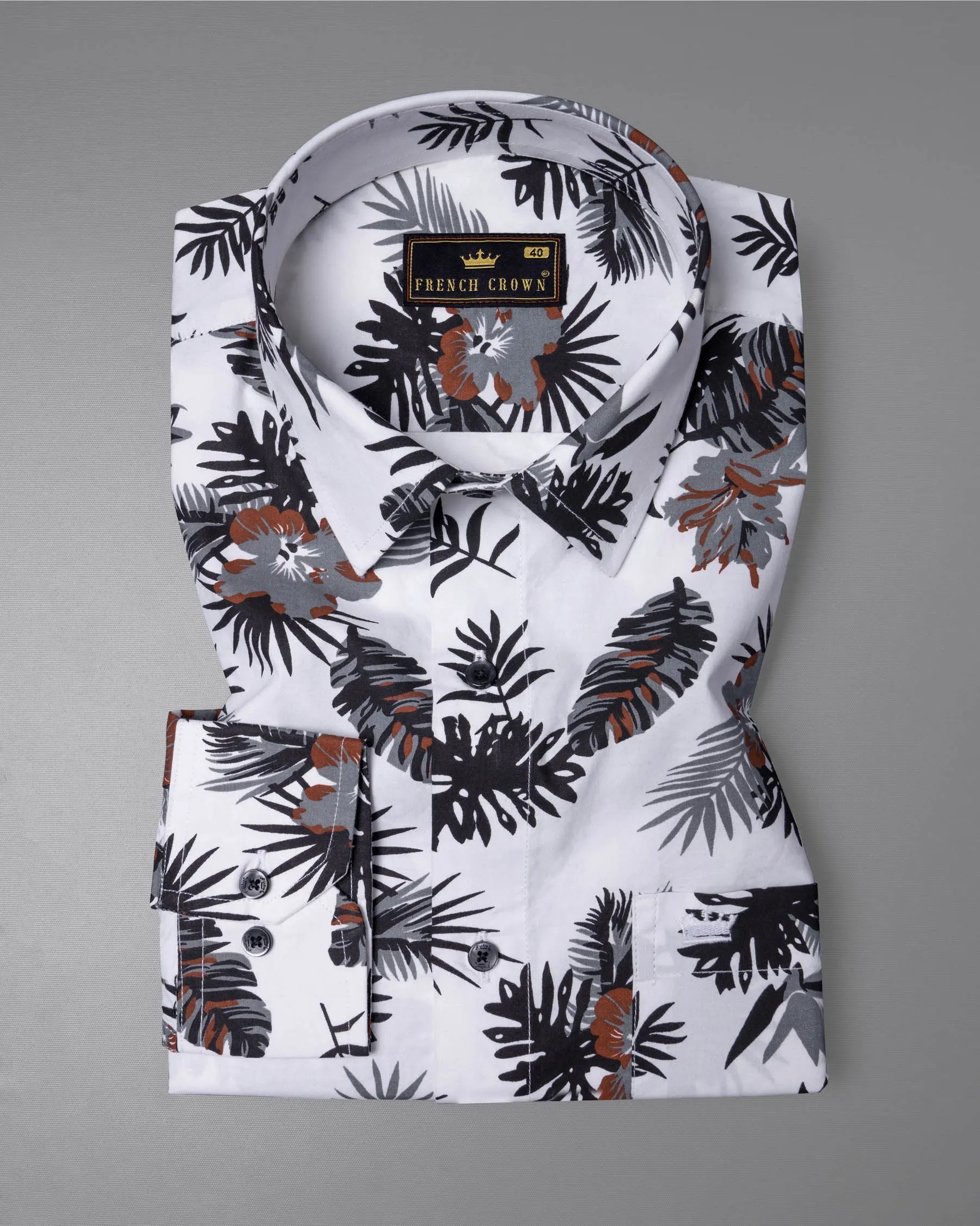 Bright White Tropical Printed Twill Textured Premium Cotton Shirt sold by French Crown product image thumbnail 4