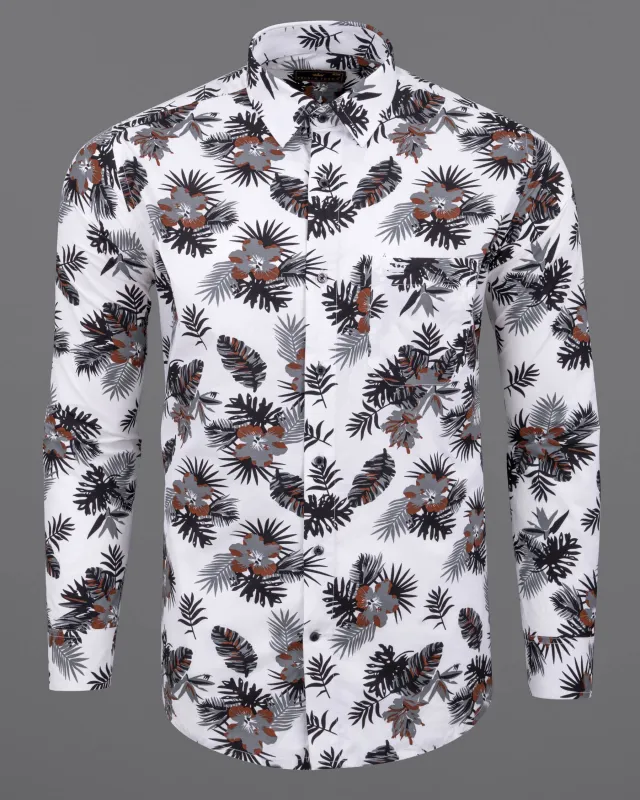 Bright White Tropical Printed Twill Textured Premium Cotton Shirt sold by French Crown