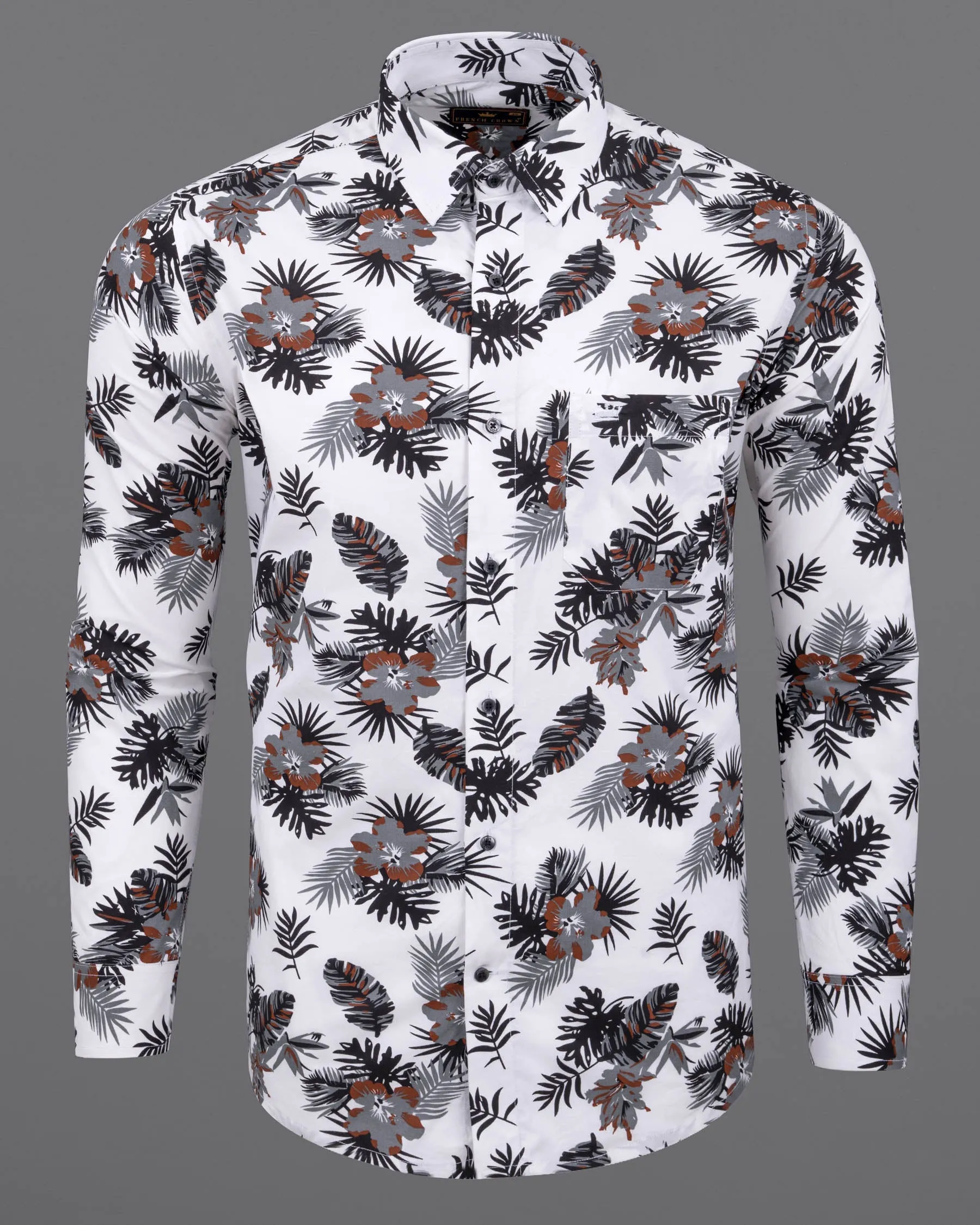 Bright White Tropical Printed Twill Textured Premium Cotton Shirt sold by French Crown