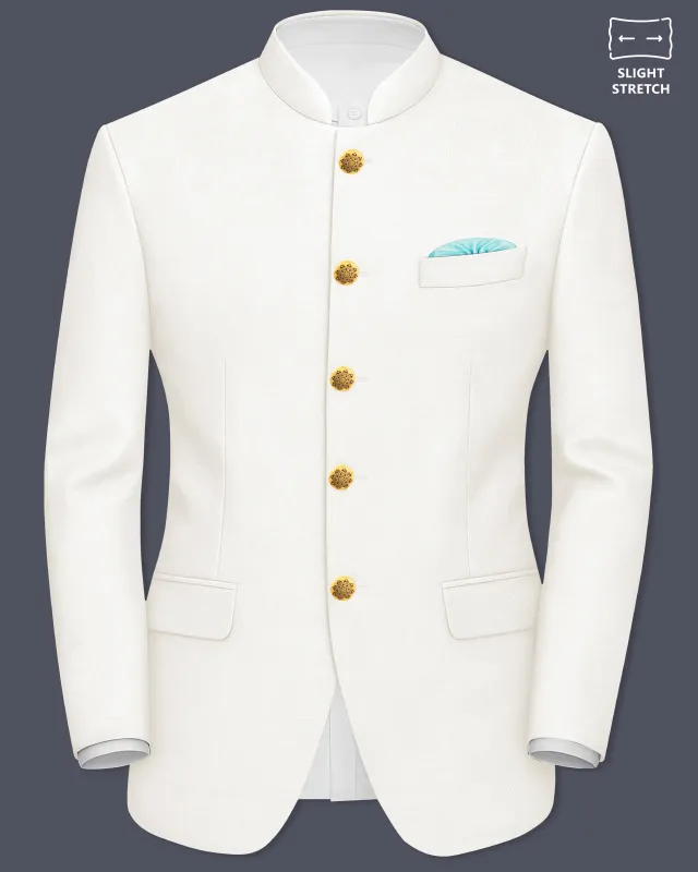 Ivory-Cararra Cream Wool Rich Bandhgala Slight Stretch Blazer sold by French Crown