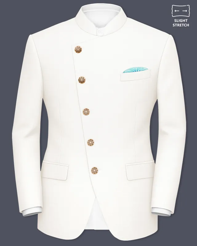 Ivory-Cararra Cream Wool Rich Cross Placket Bandhgala Slight Stretch Blazer sold by French Crown