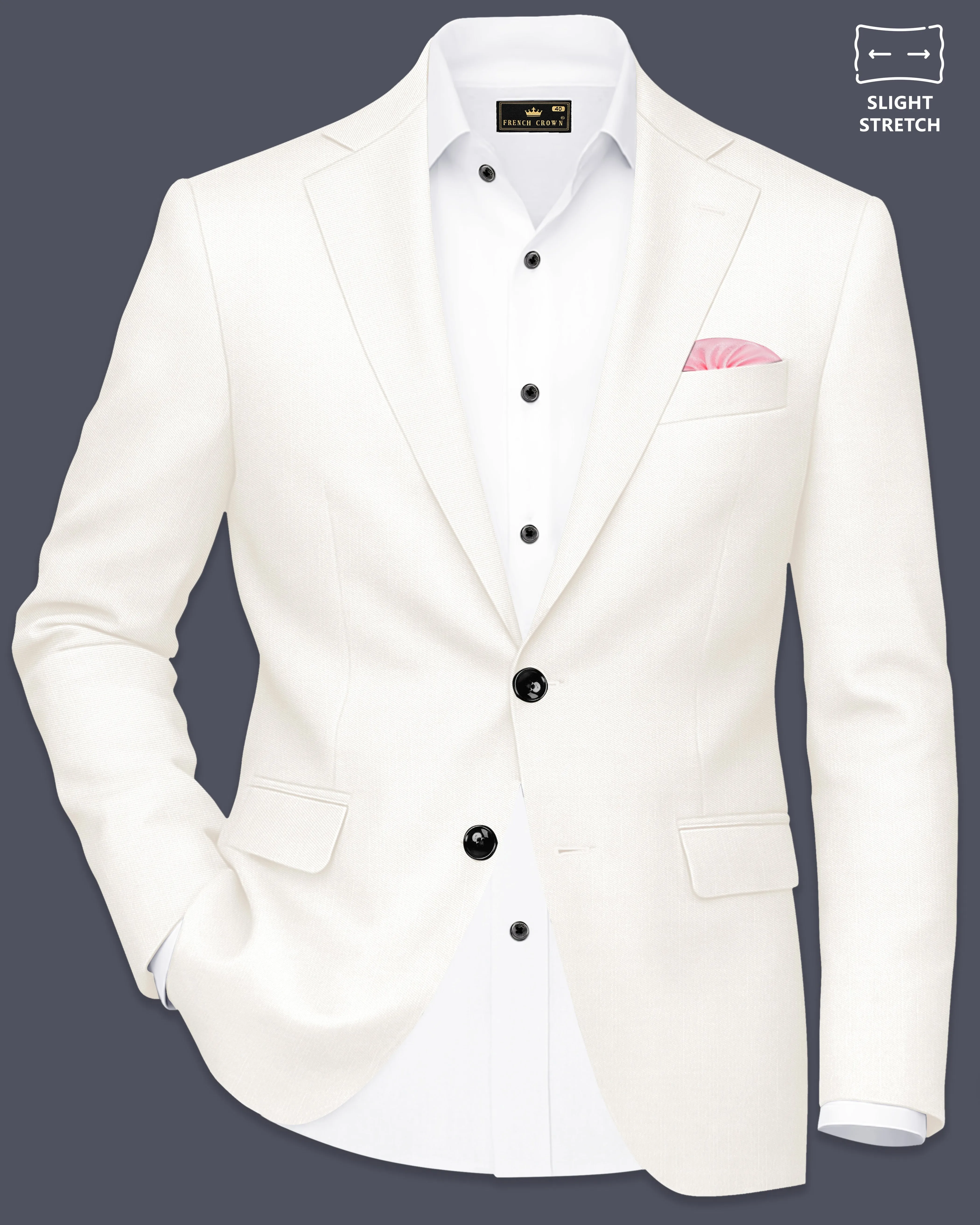 Ivory-Cararra Cream Wool Rich Single Breasted Slight Stretch Blazer sold by French Crown